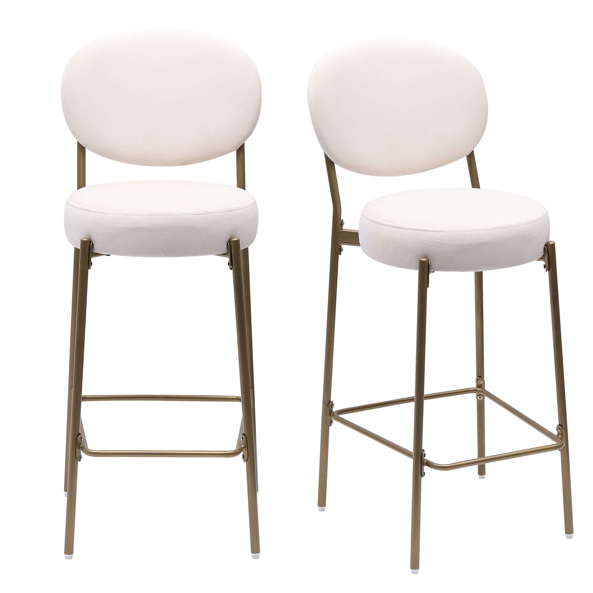 Two cream upholstered bar stools with gold metal legs and footrests
