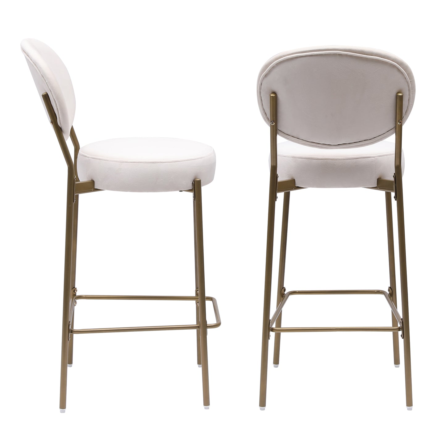 Cream velvet upholstered bar stool with gold metal legs side view Modern design
