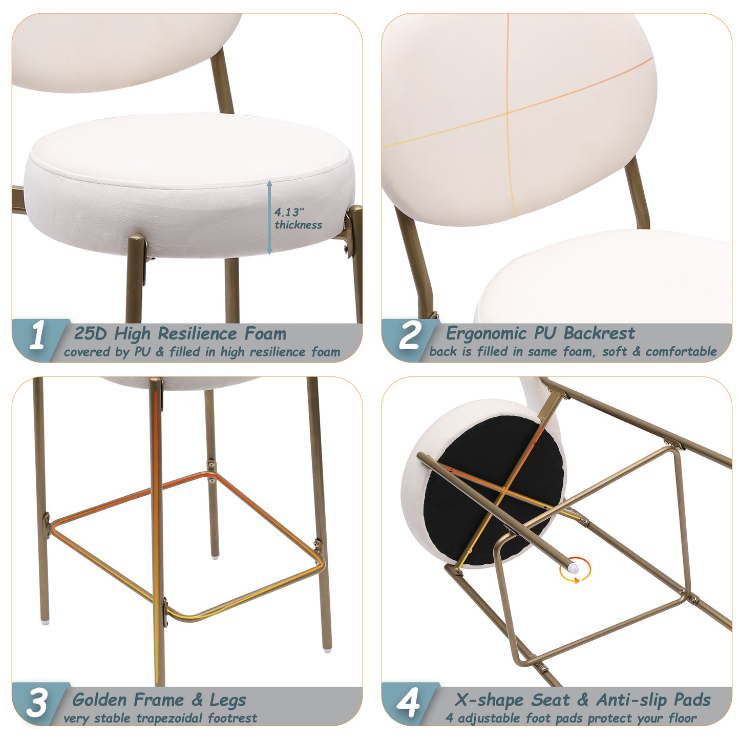 White upholstered bar stool with inch thick seat and golden frame