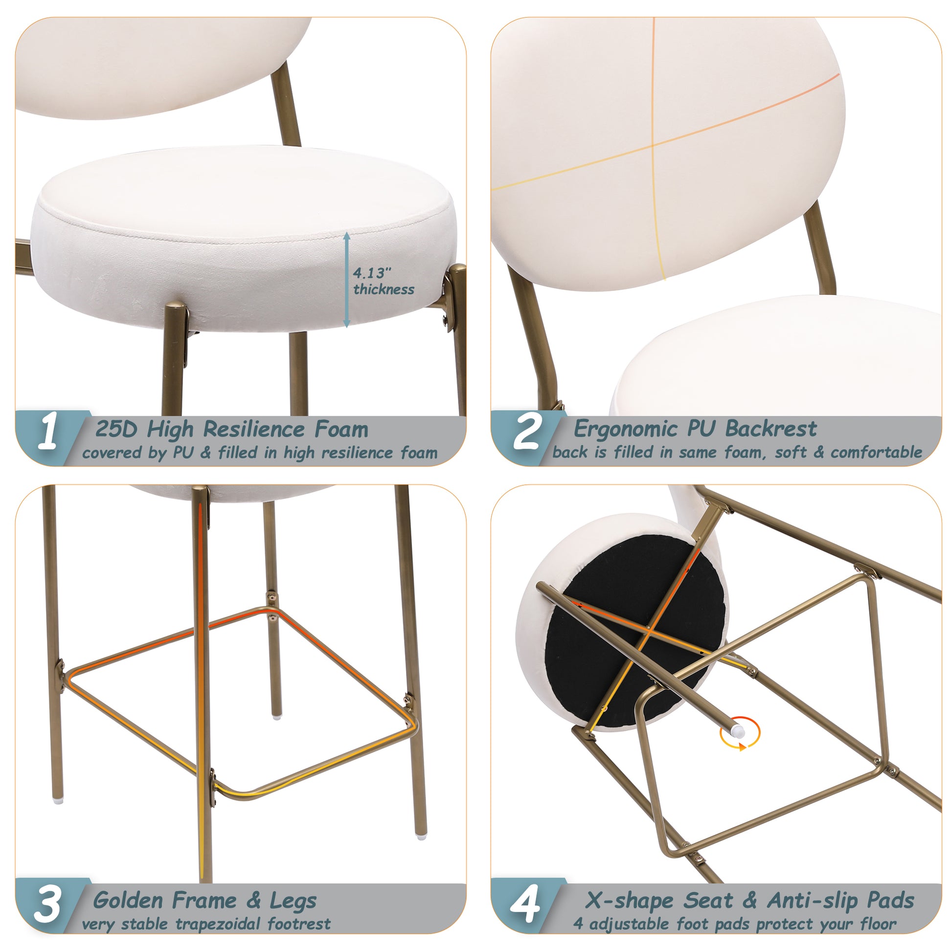 White upholstered bar stool with inch thick seat and golden frame