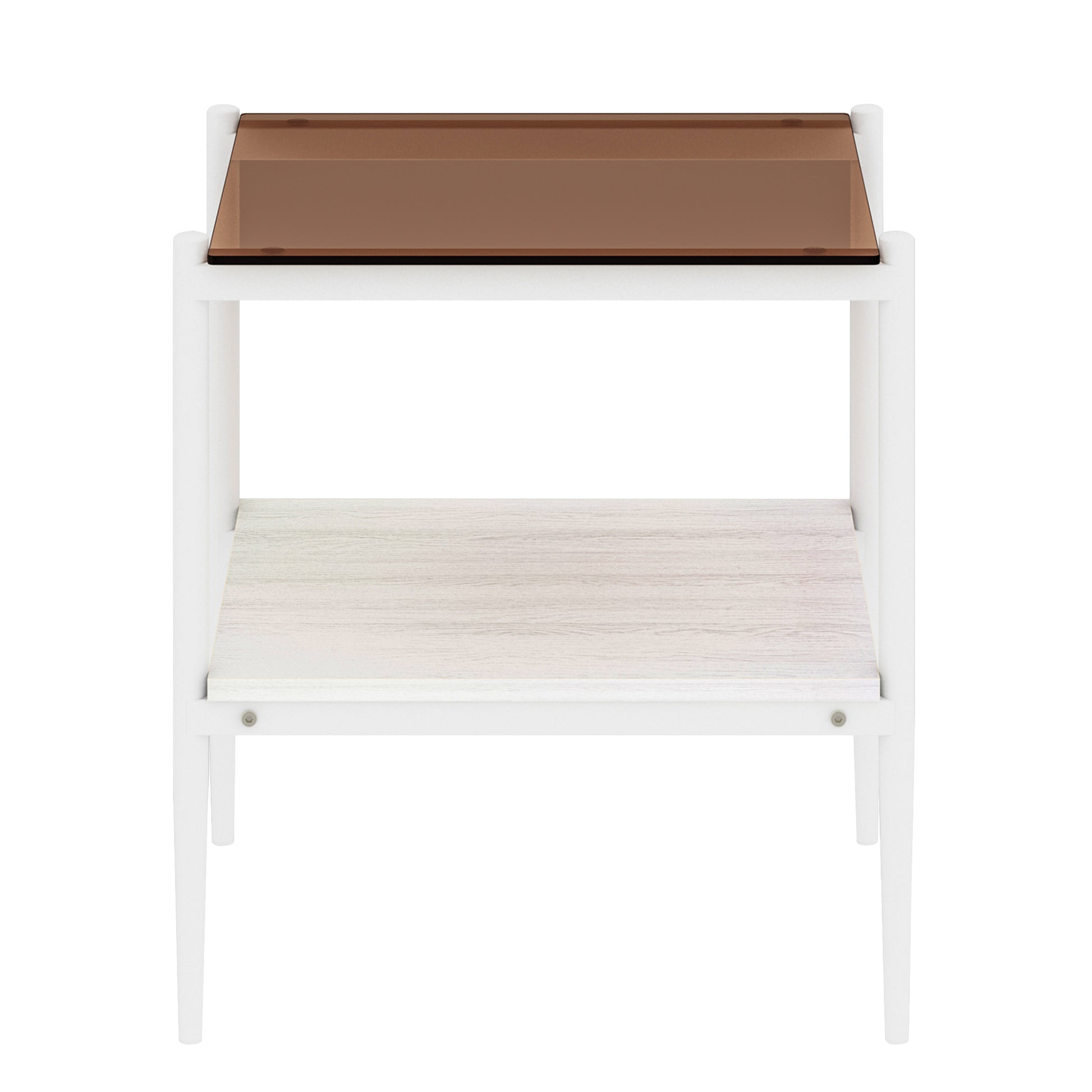 Modern white side table with a bronze glass top and light wood shelf