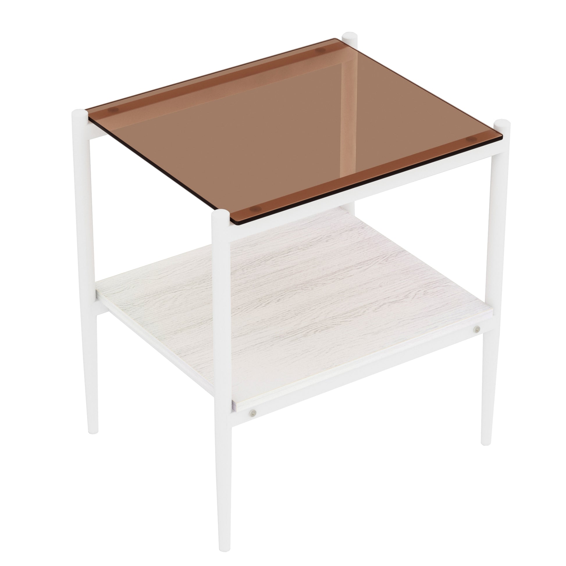 White metal frame side table with bronze glass top and wood grain shelf