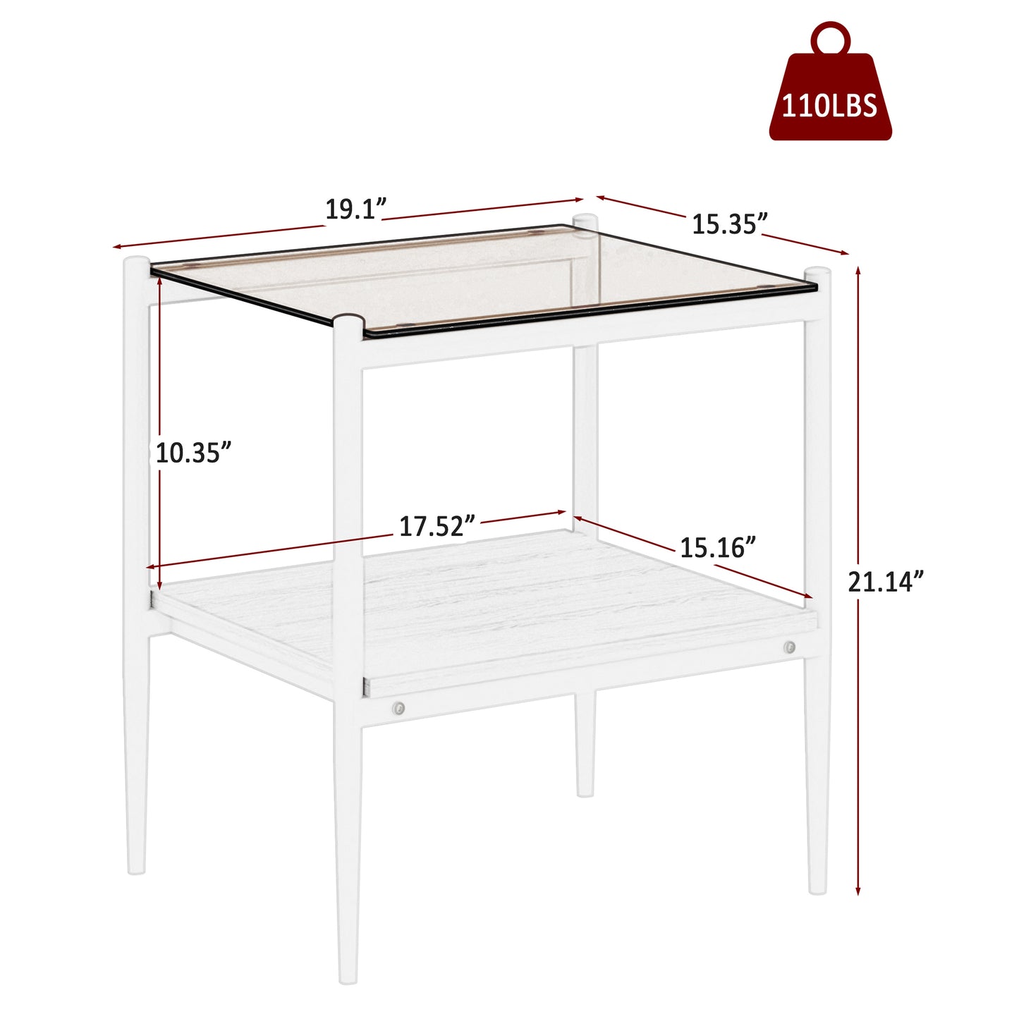 Modern white metal end table with tempered glass top and woodlook shelf