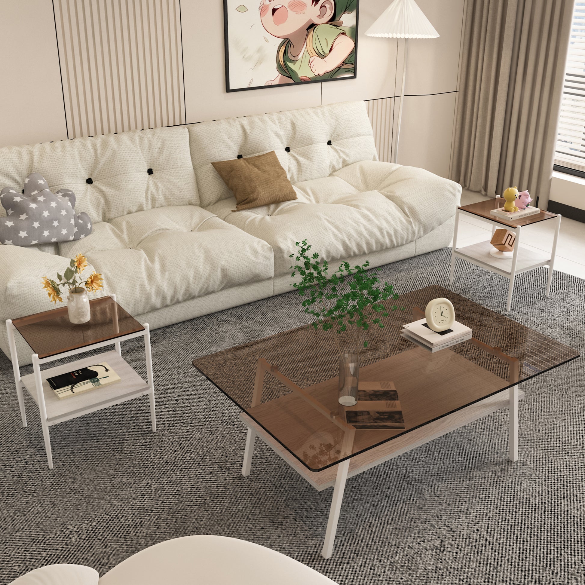 Tufted white linen couch with brown accent pillow and starpatterned throw pillow