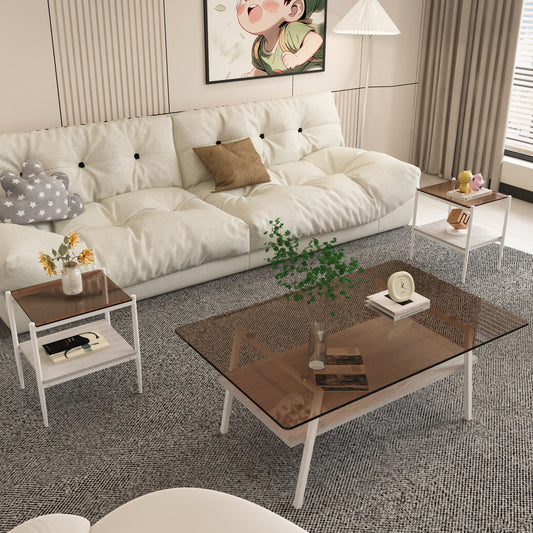 Tufted white linen couch with brown accent pillow and starpatterned throw pillow