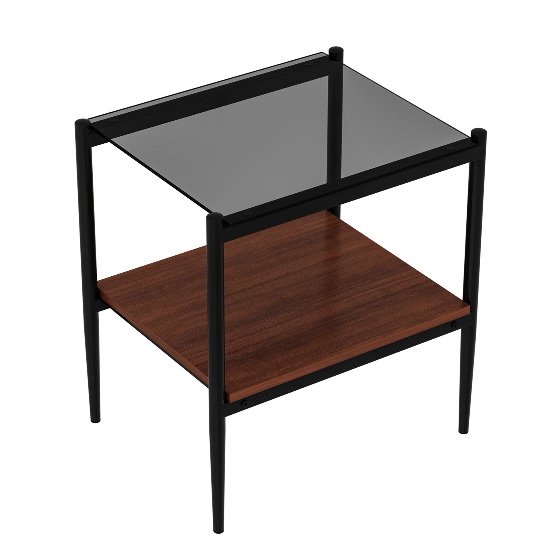 Modern black metal end table with smoked glass top and walnut wood shelf