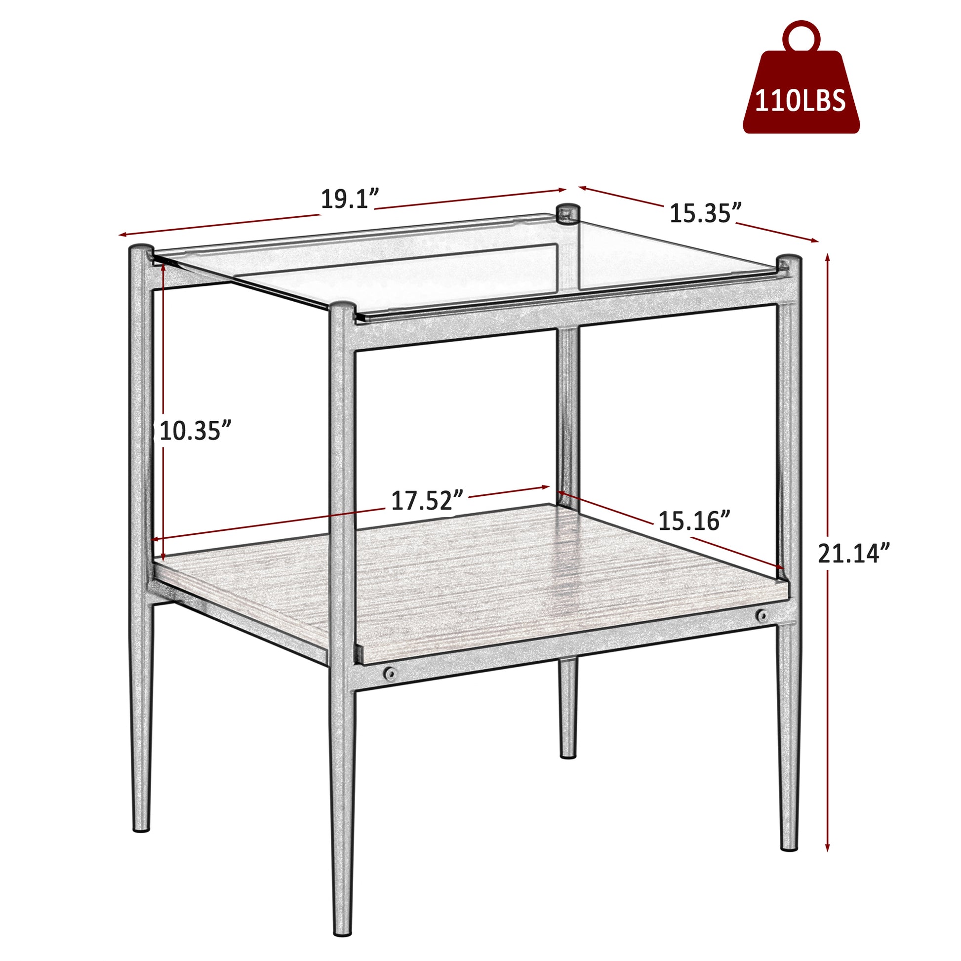 Sketch of a minimalist twotier end table with silver frame and woodgrain shelf lbs capacity