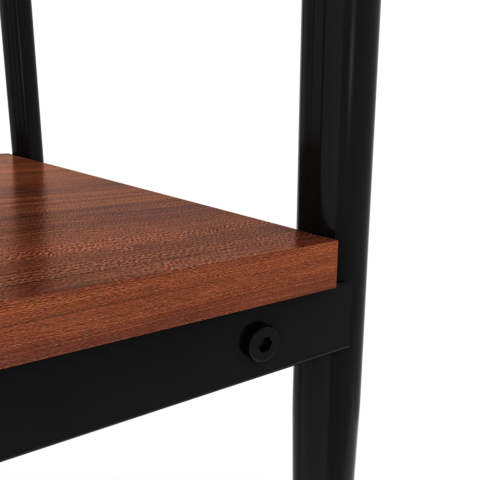 Closeup of a wood shelf with dark brown grain texture supported by black metal frame