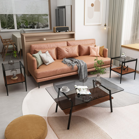 Salmoncolored leather sofa with checkered throw and decorative pillows