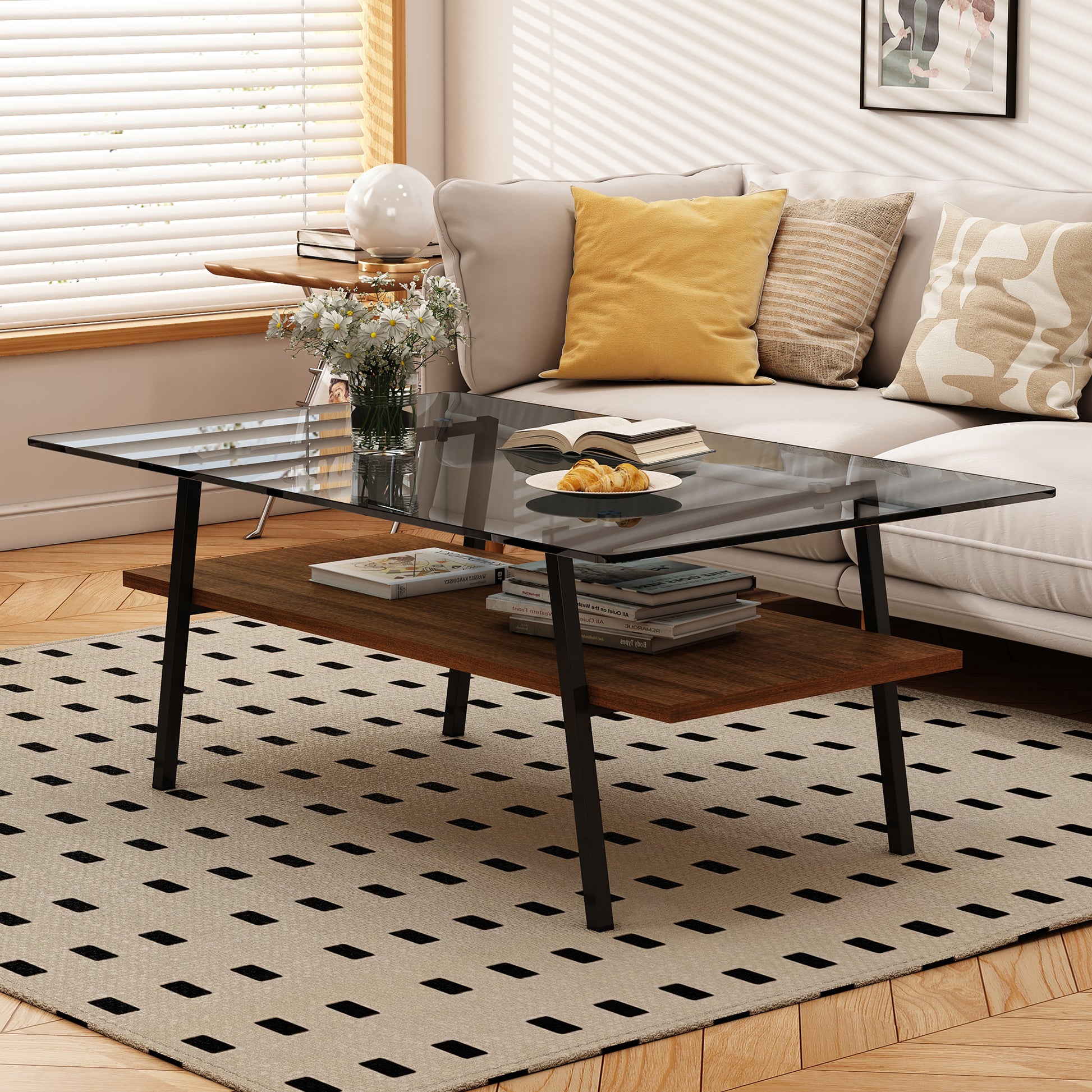 Modern coffee table with clear glass top and wood shelf black metal legs