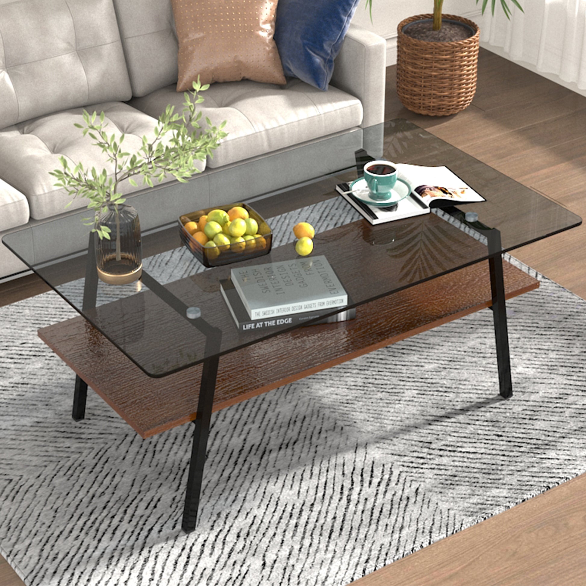 Modern glass coffee table with a lower woodgrain shelf featuring black metal legs