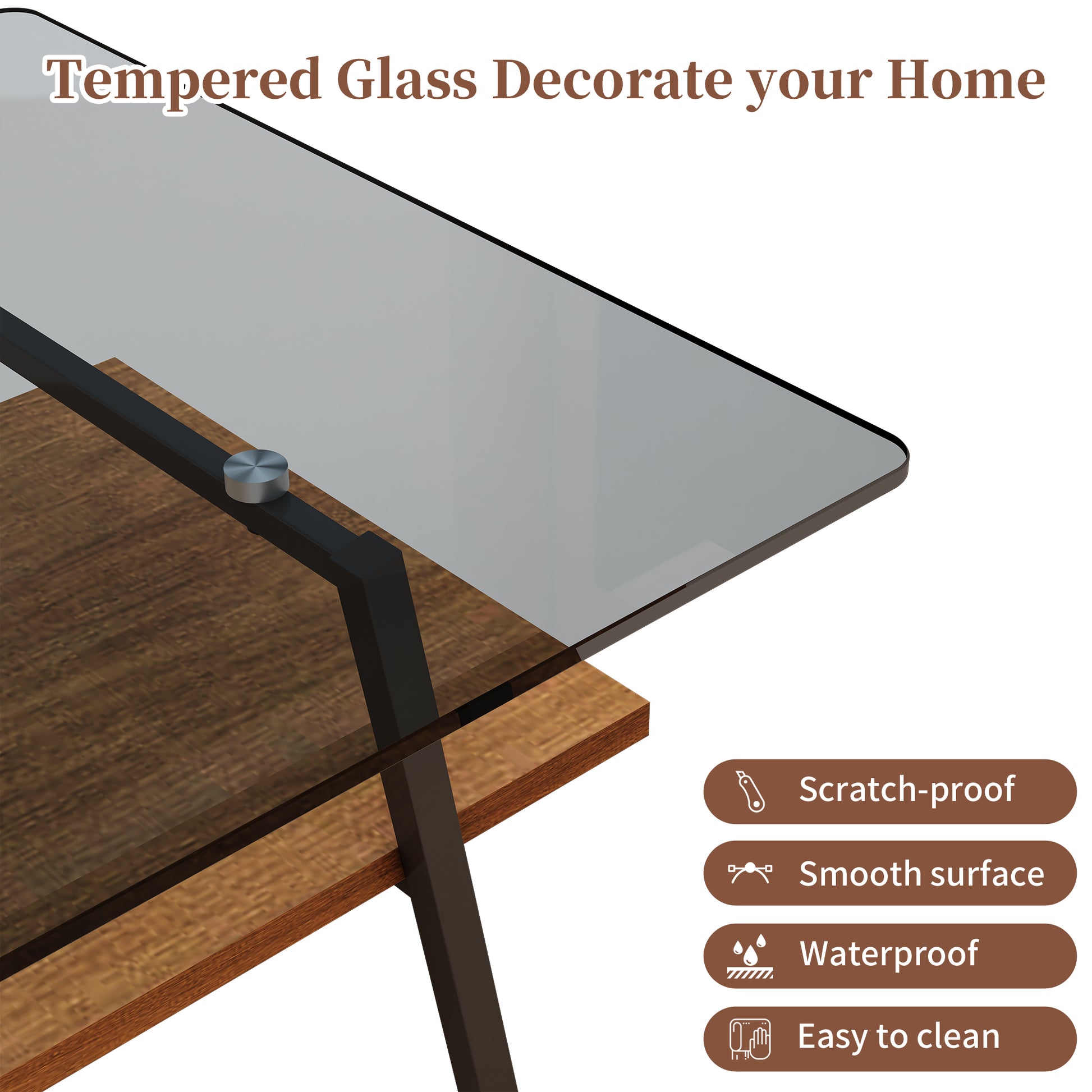 Modern coffee table with tempered glass top and wood shelf