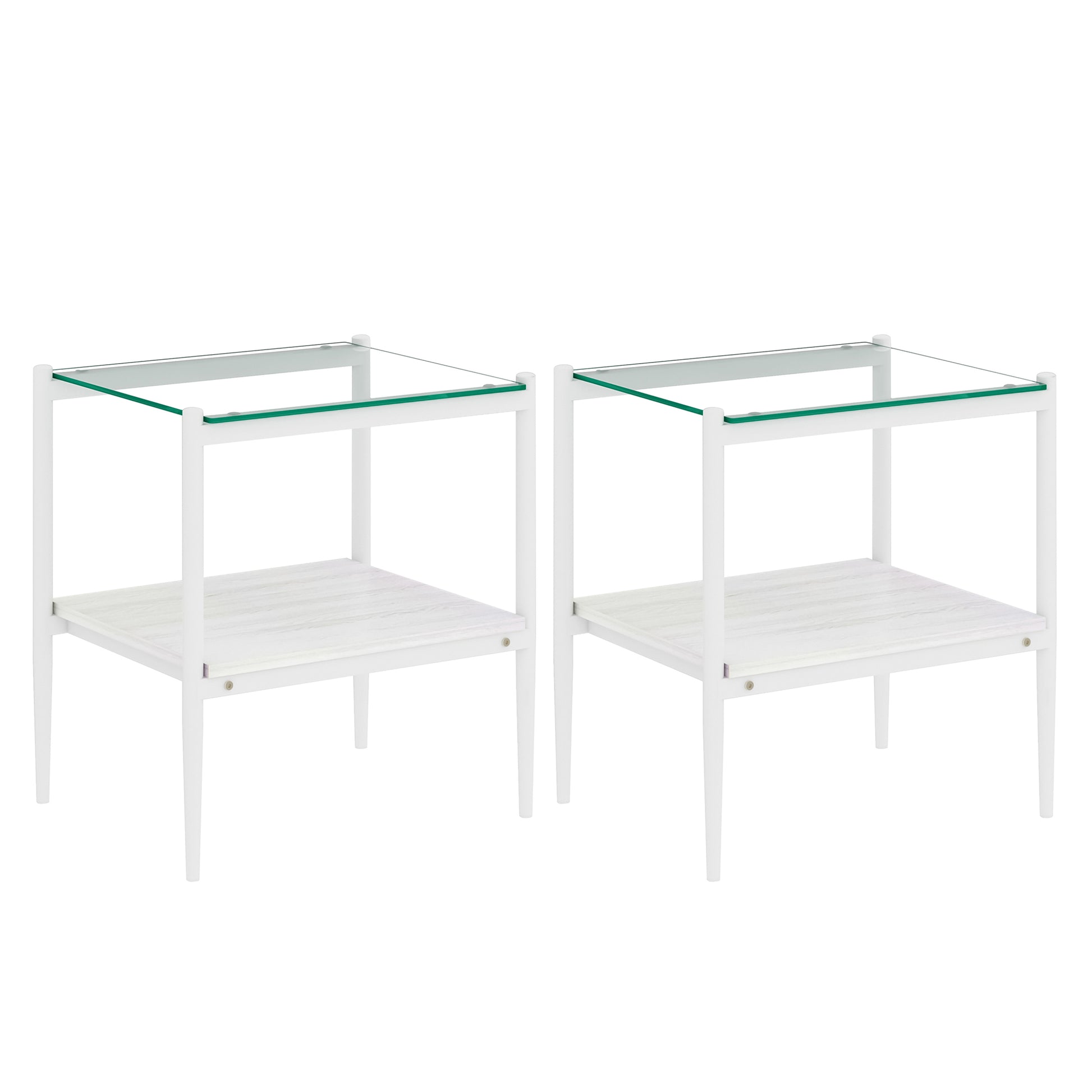 Two white modern end tables with glass tops and woodlook shelves