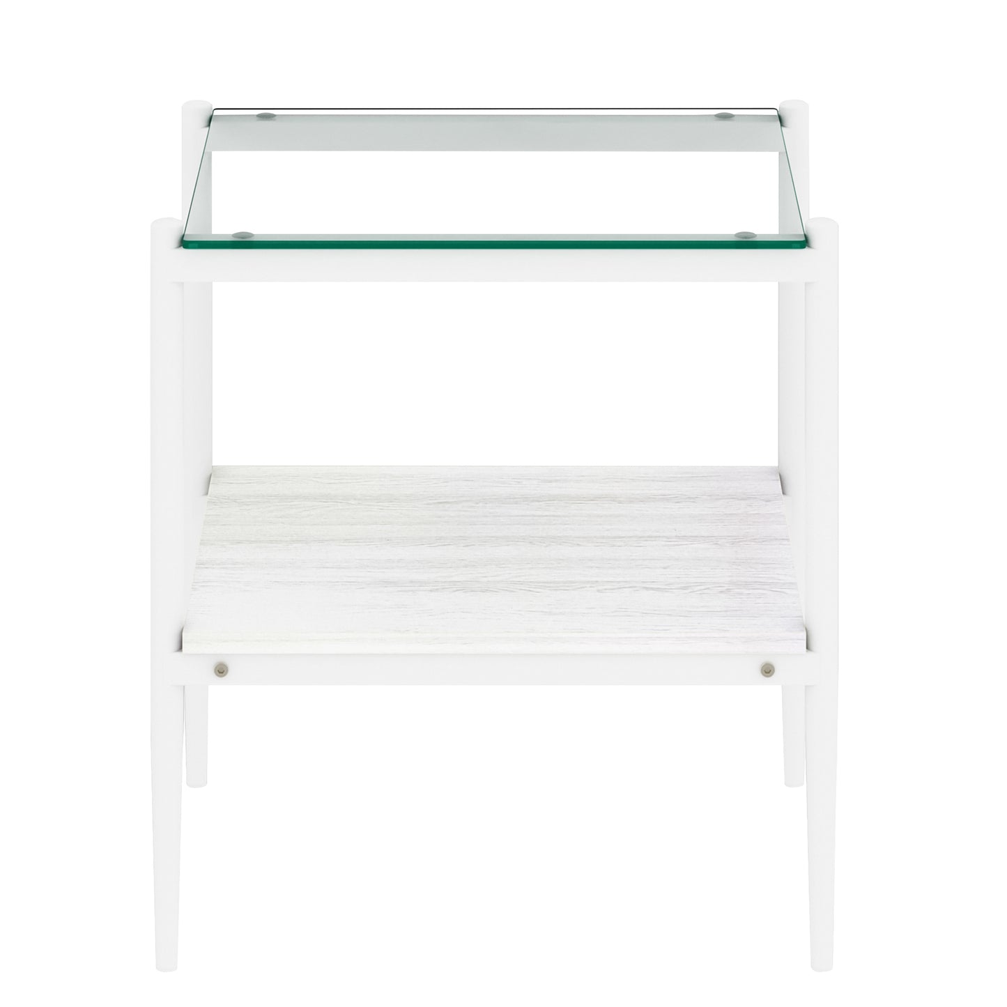 Modern white accent table with clear glass top and distressed wood shelf