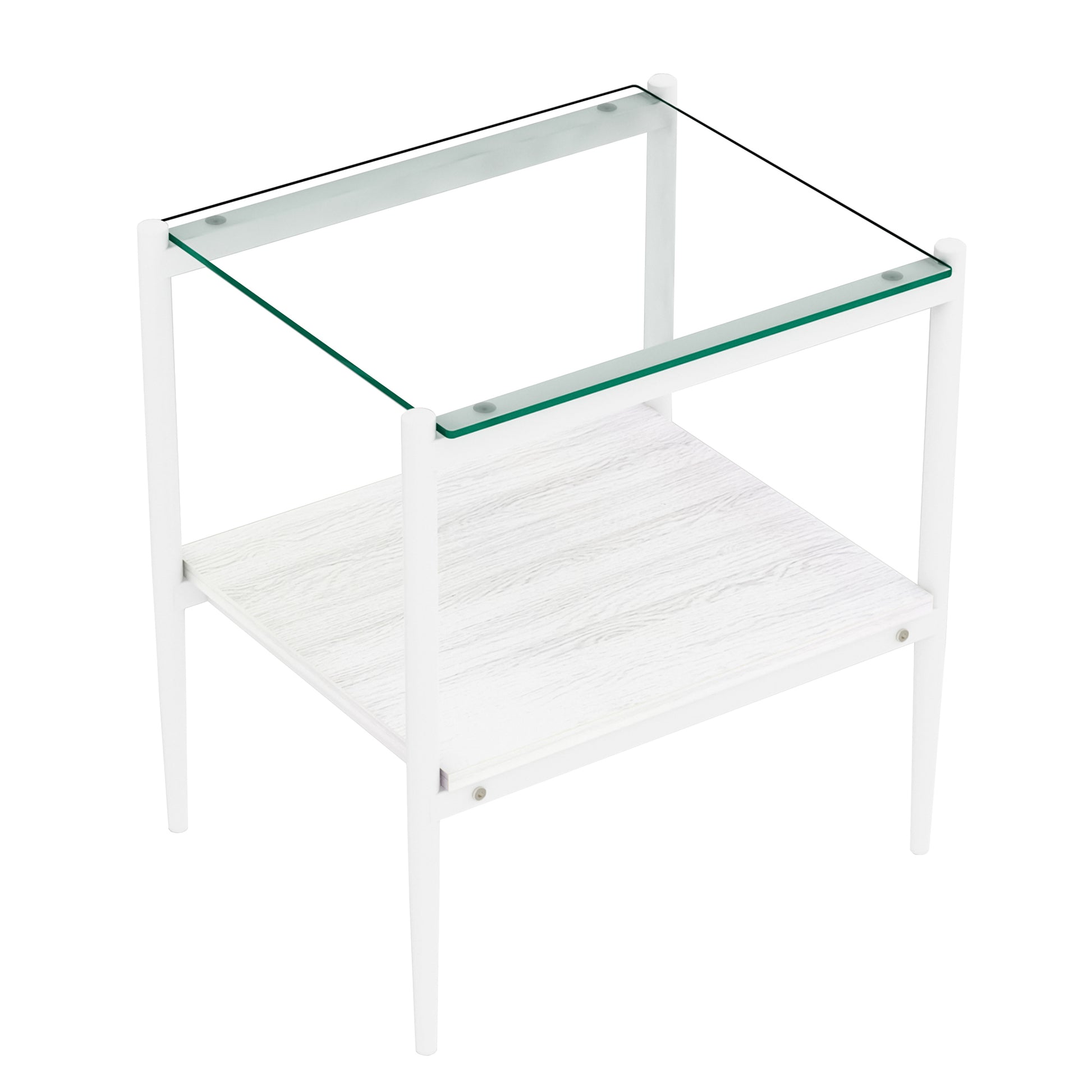 Modern white end table with clear glass top and woodgrain shelf