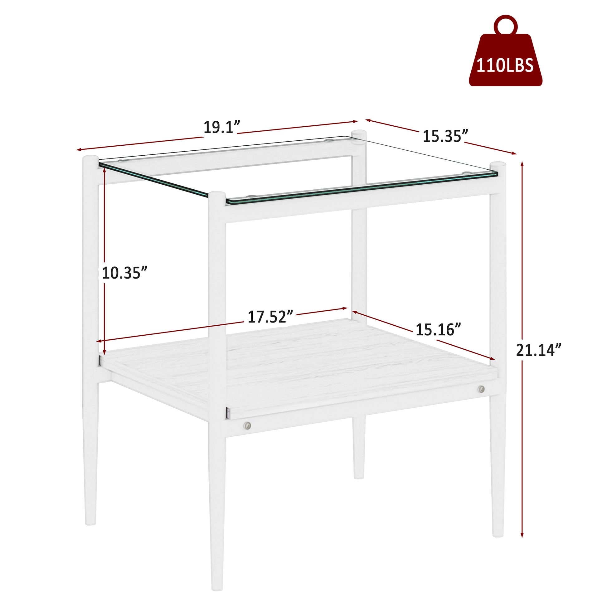 White twotier end table with clear glass top and woodlook shelf dimensions shown