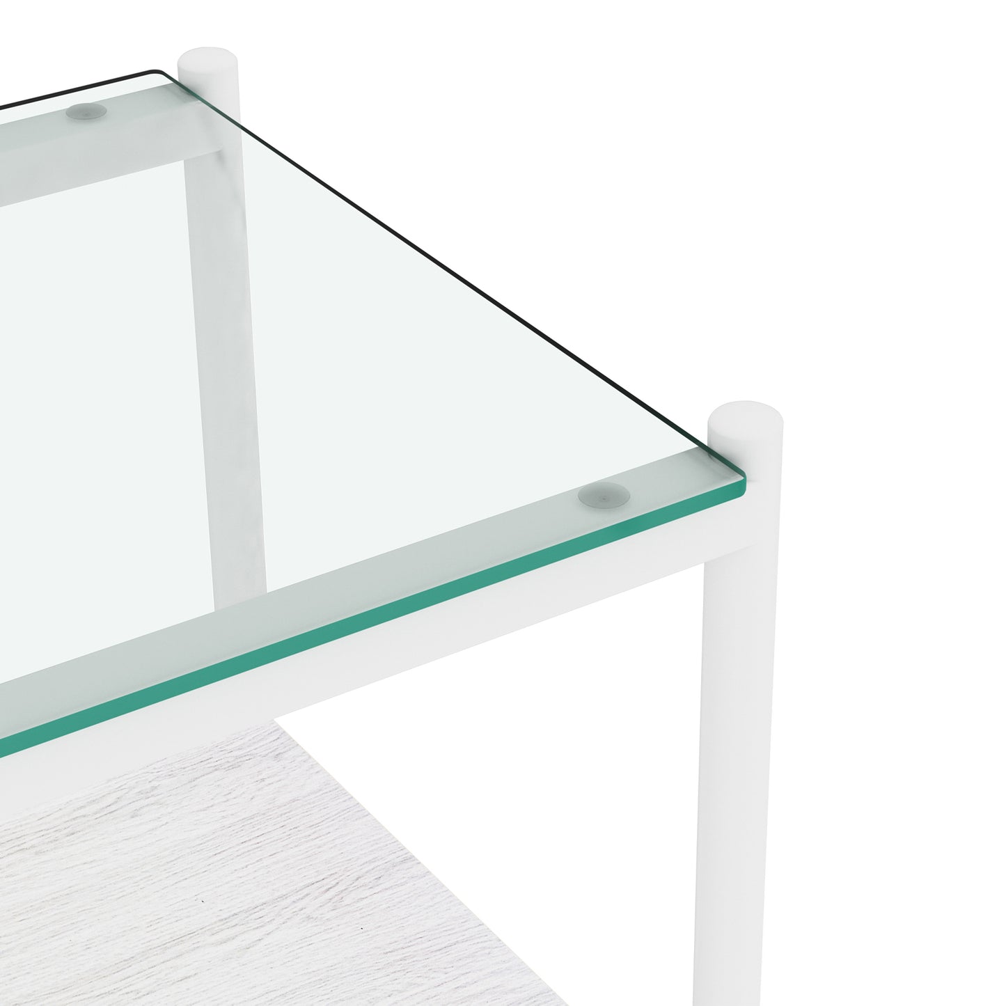 Modern white side table with clear tempered glass top and wood grain shelf