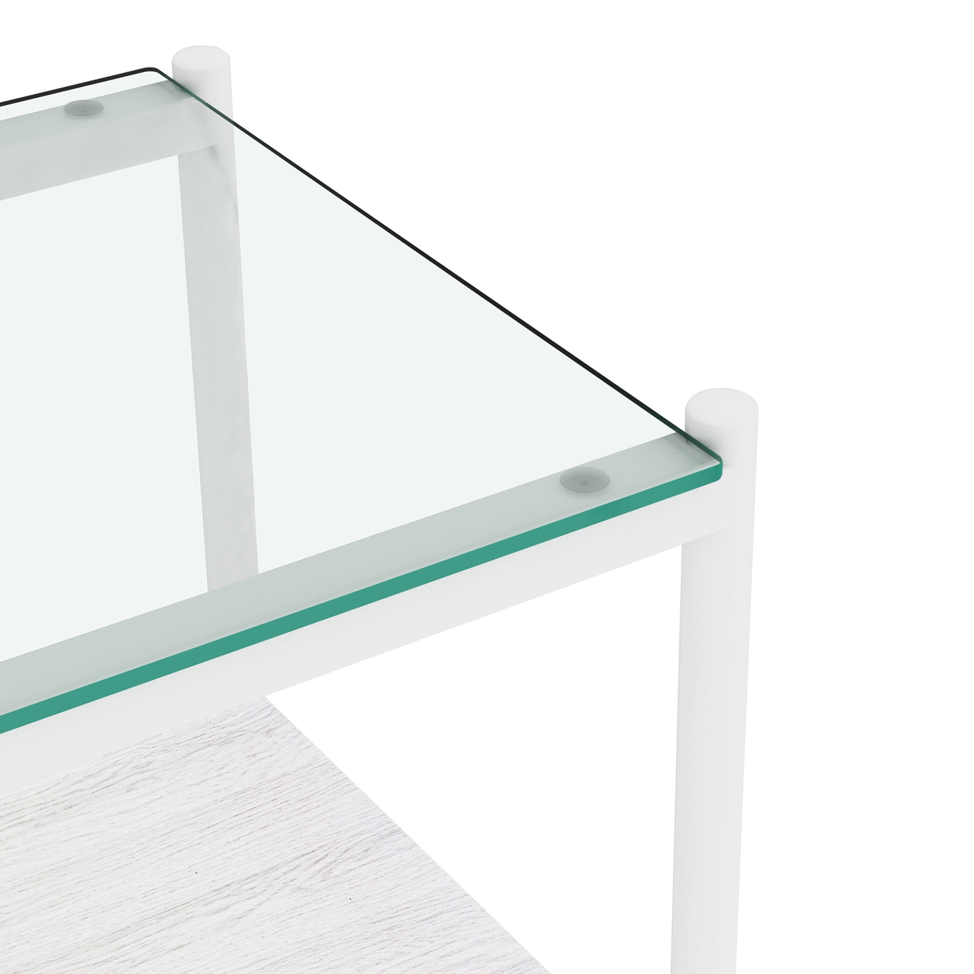 Modern white side table with clear tempered glass top and wood grain shelf