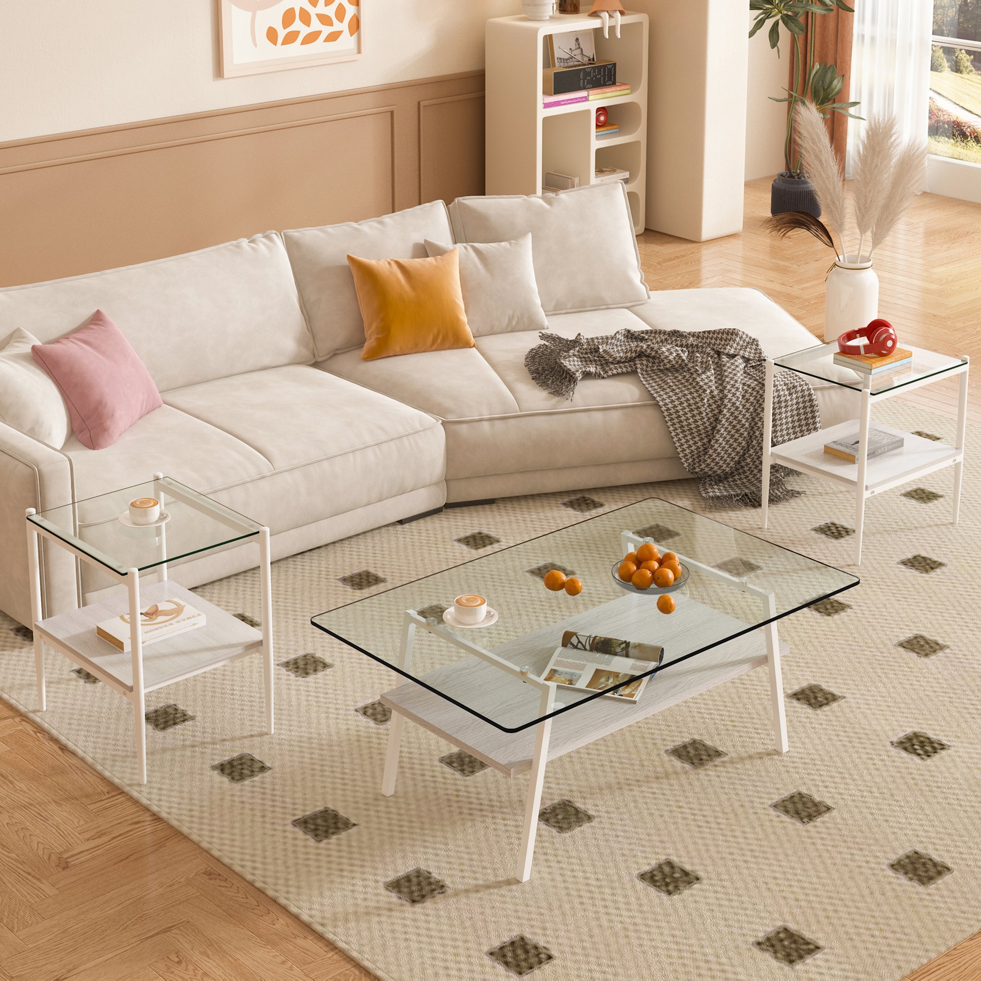 Modern sectional sofa in cream fabric with decorative pillows and throw