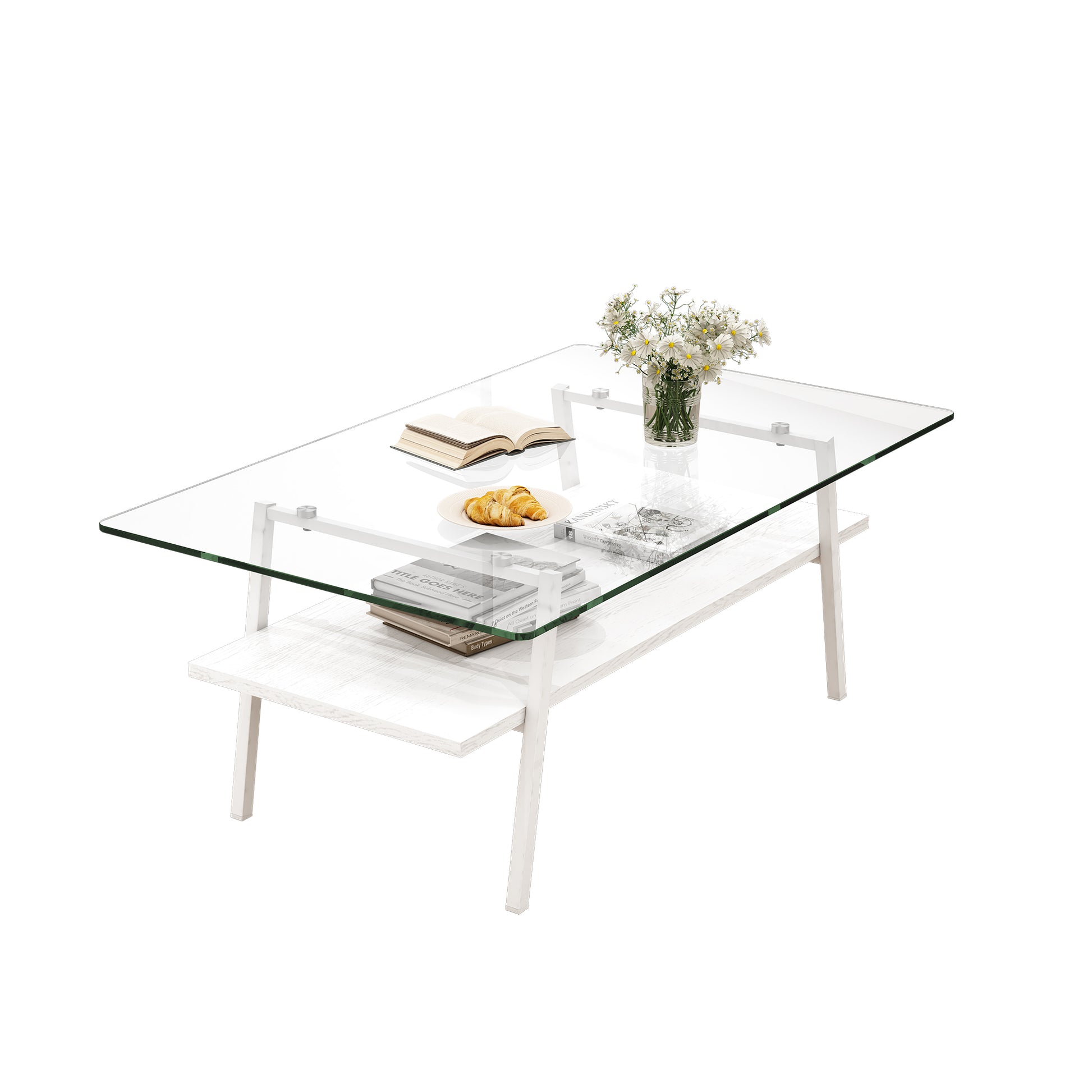 Modern glass coffee table with white frame and two shelves ideal for living rooms