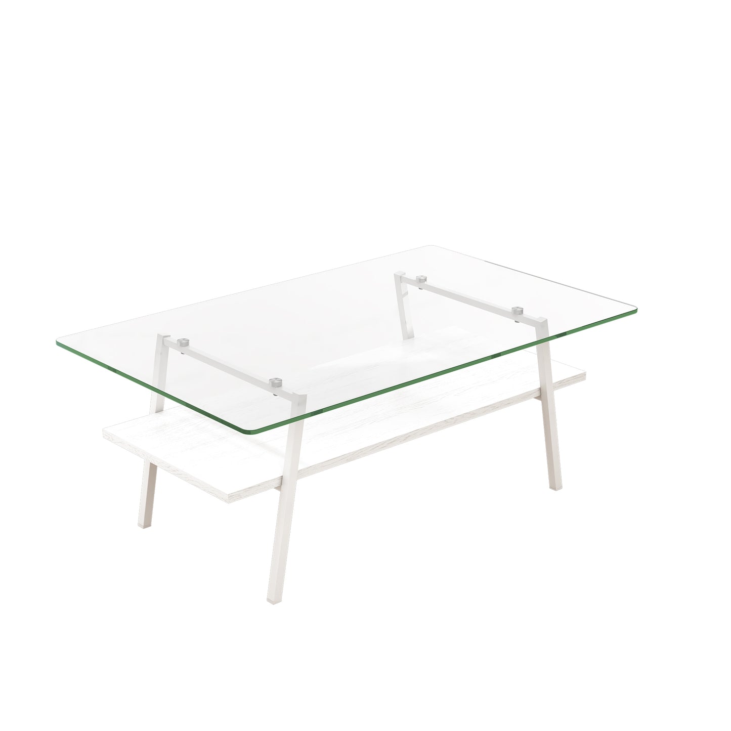 Modern white coffee table with clear glass top and wooden shelf