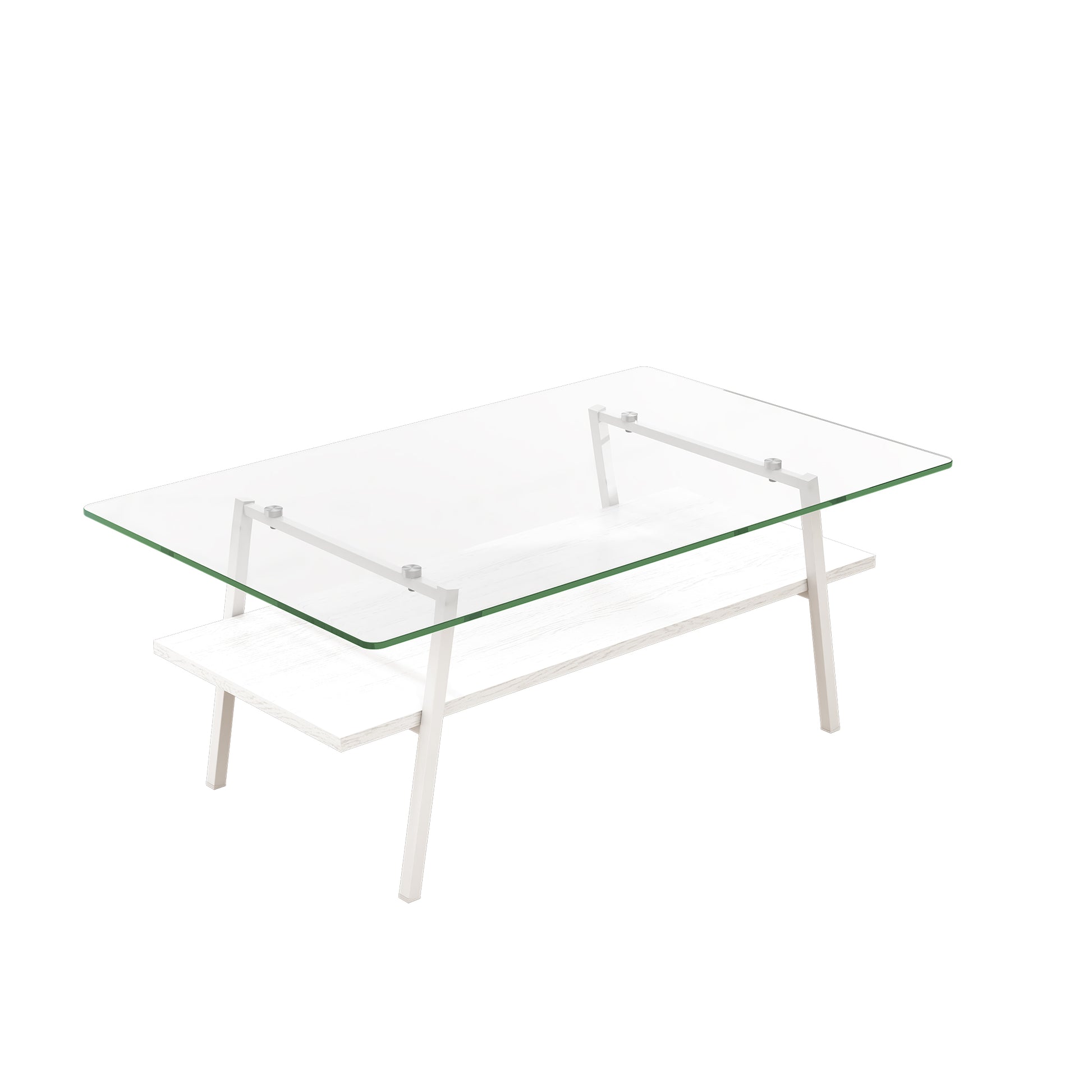 Modern white coffee table with clear glass top and wooden shelf