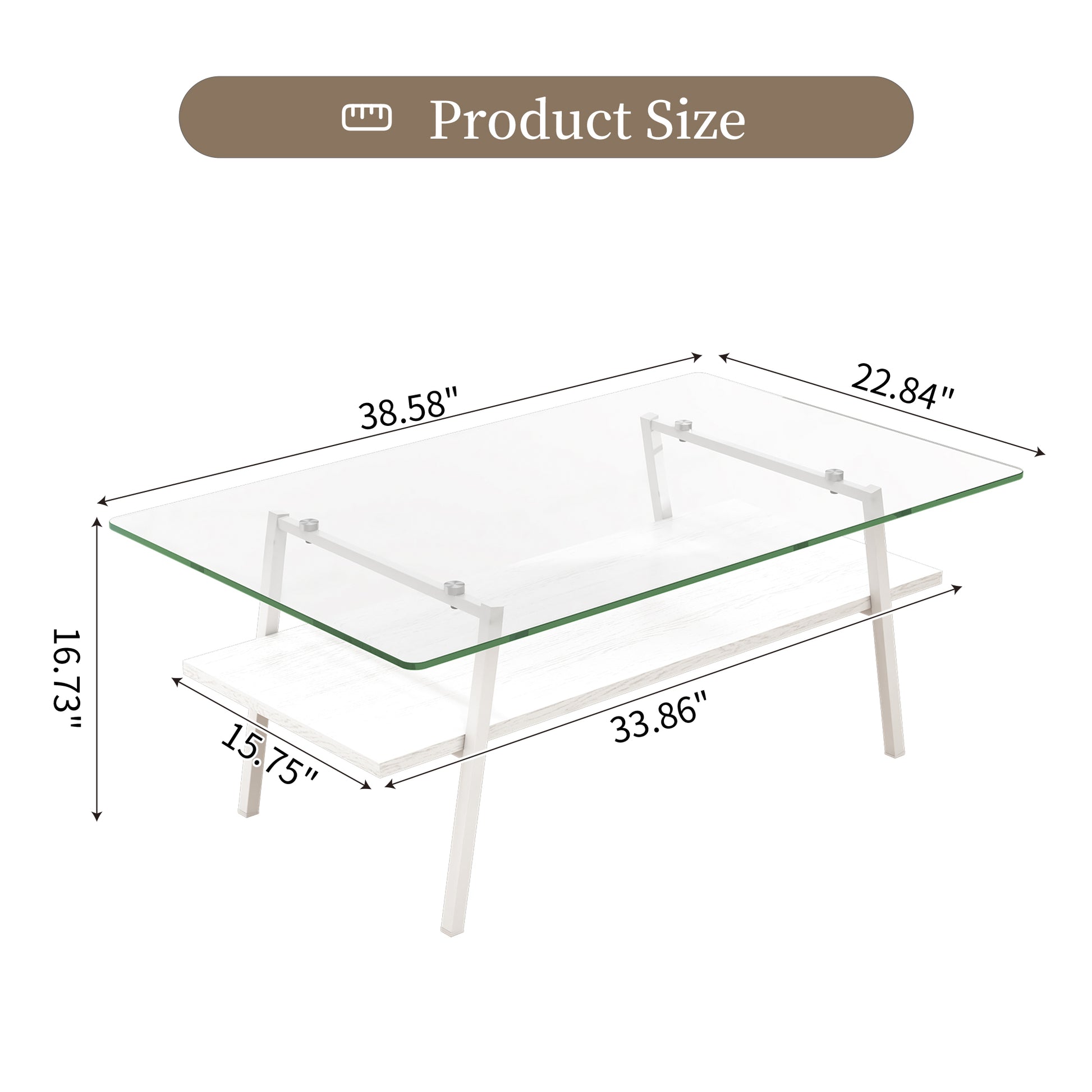 Clear glass coffee table with white wood shelf and metal legs  L