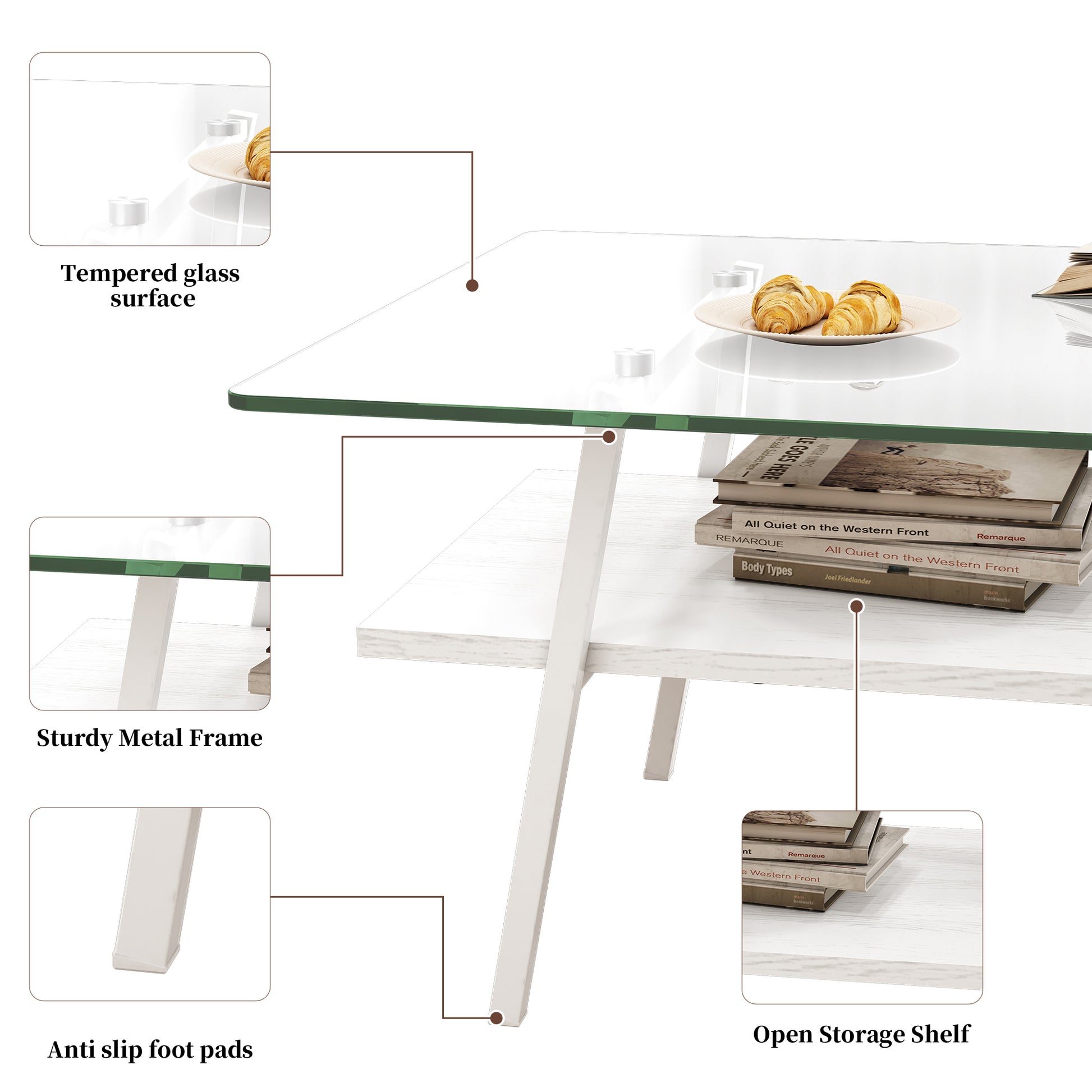Tempered glass coffee table with a white wooden shelf and books