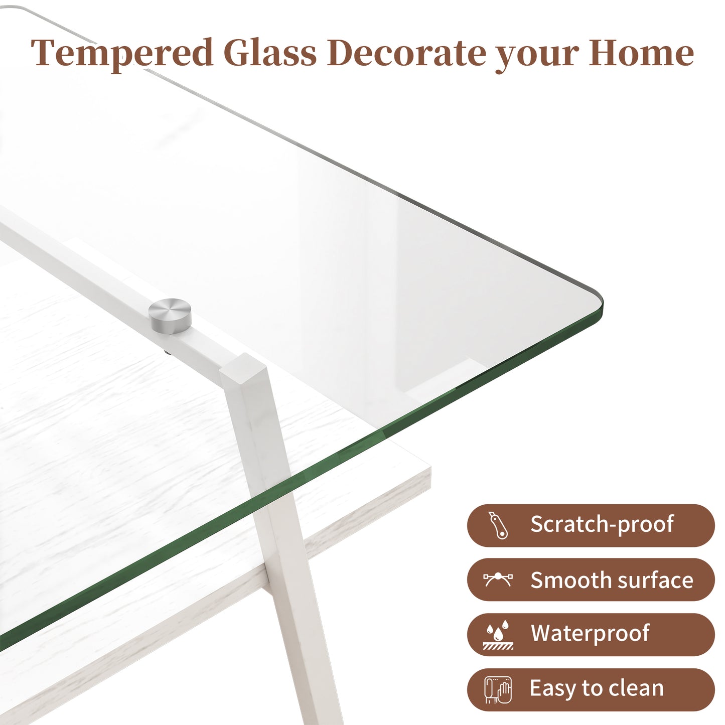 Tempered glass tabletop with modern white frame ideal for dining