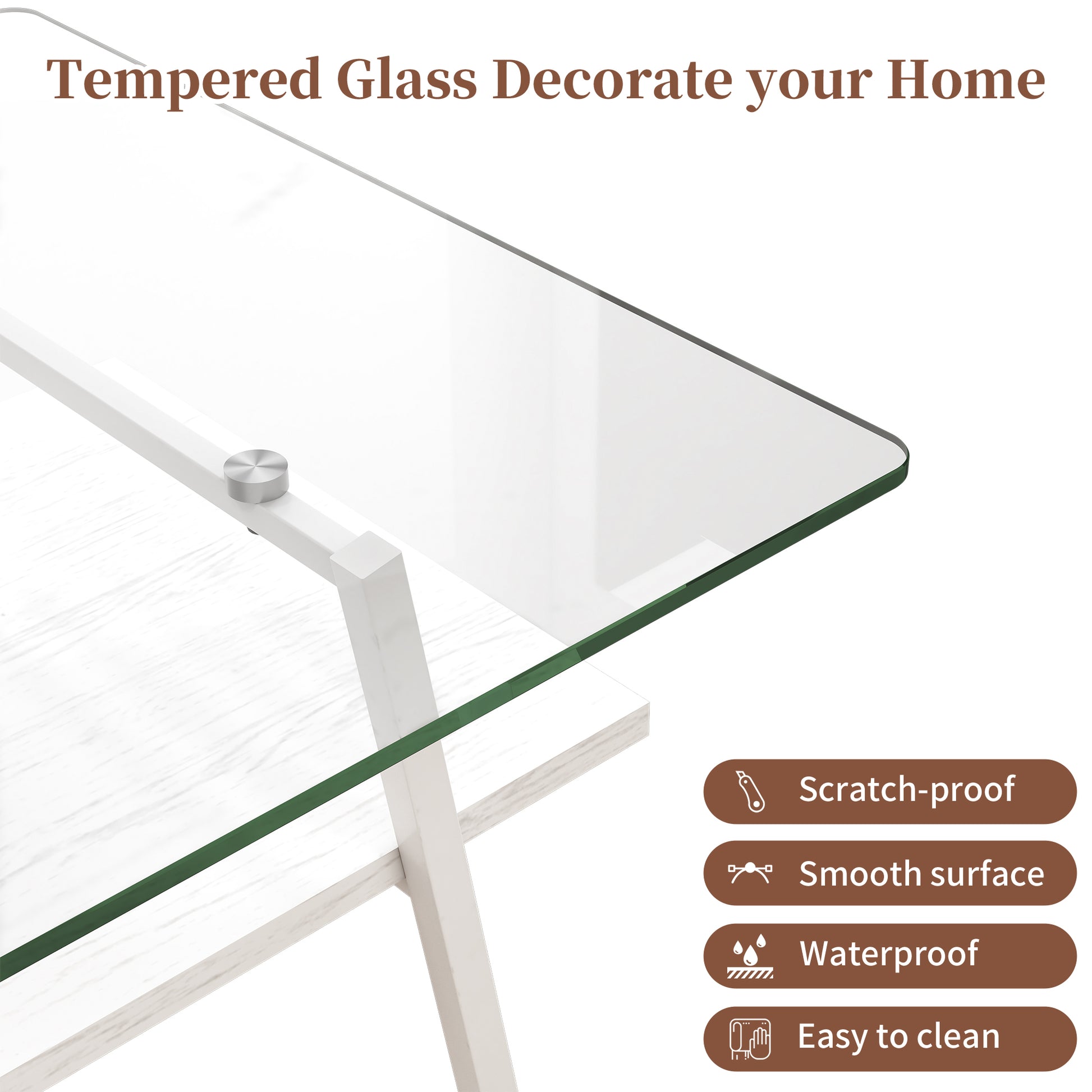 Tempered glass tabletop with modern white frame ideal for dining