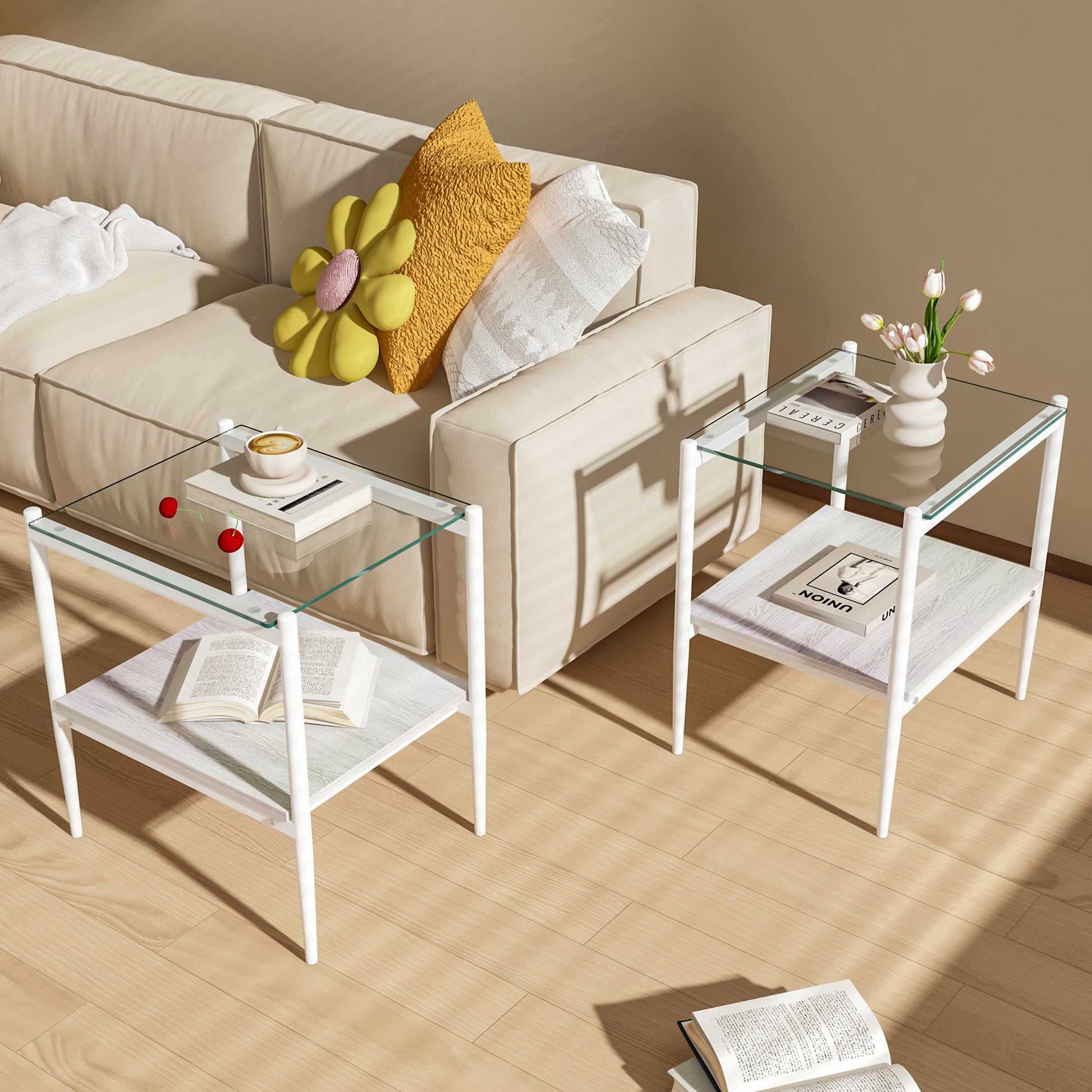 Modern white metal and glass end table with books and coffee cup