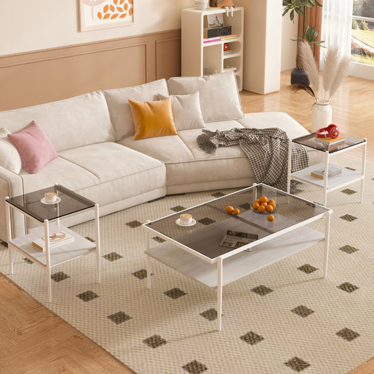 White metal frame coffee table with tempered glass top and oak shelf