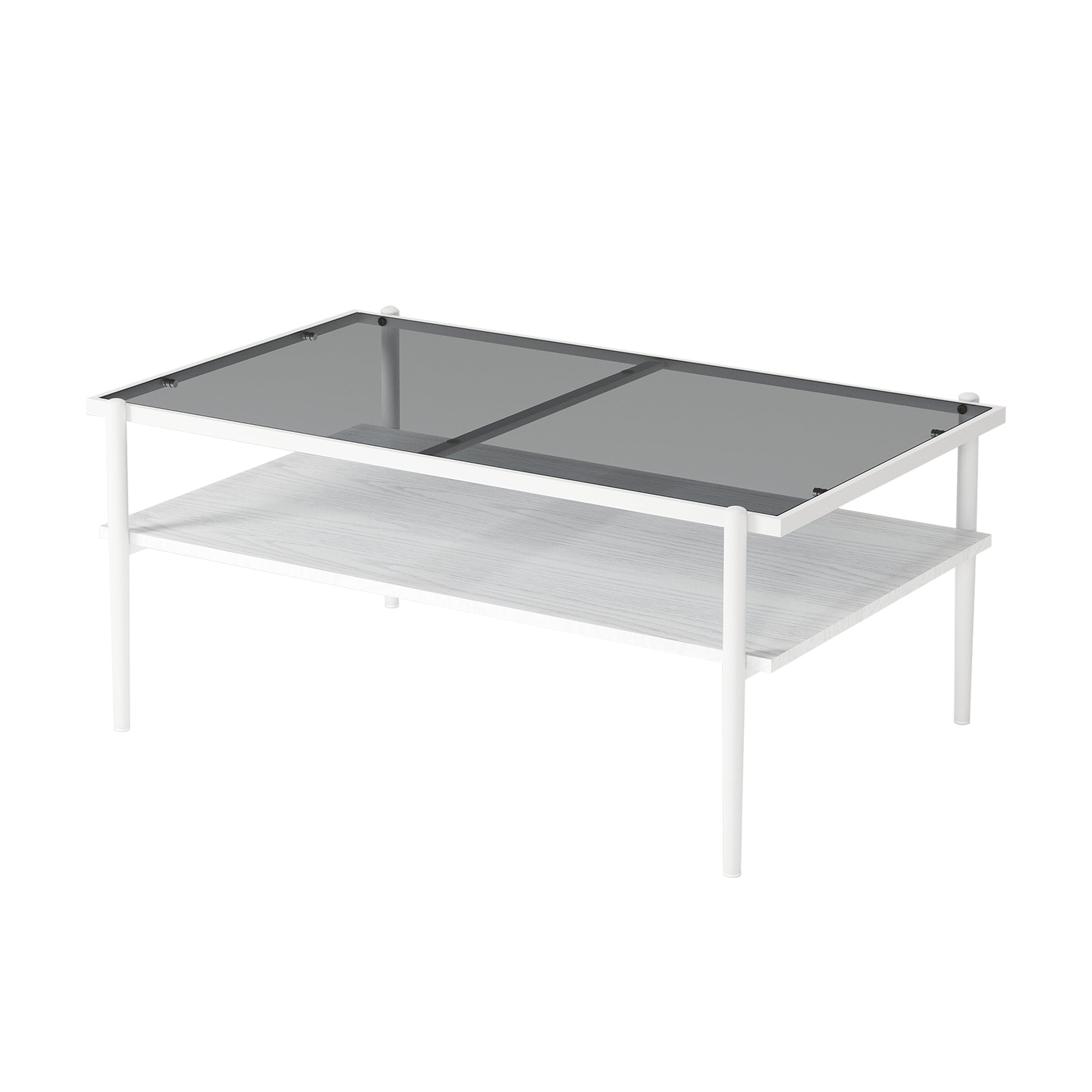 Modern coffee table with a dark grey tempered glass top and white wood shelf