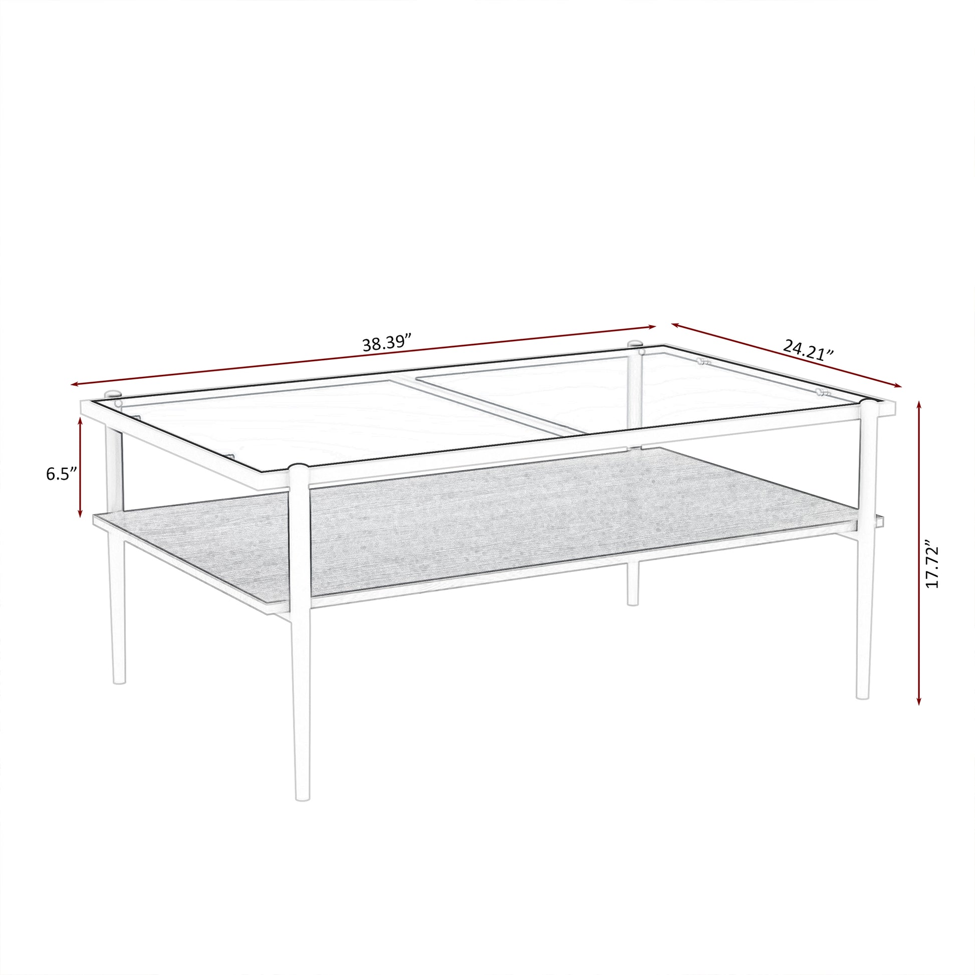 Sketch of modern coffee table with clear glass top and grey shelf
