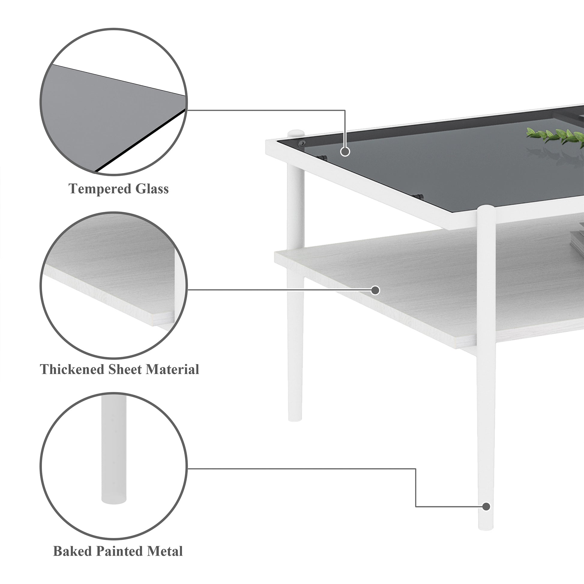 Modern coffee table with dark tempered glass top and white baked painted metal legs
