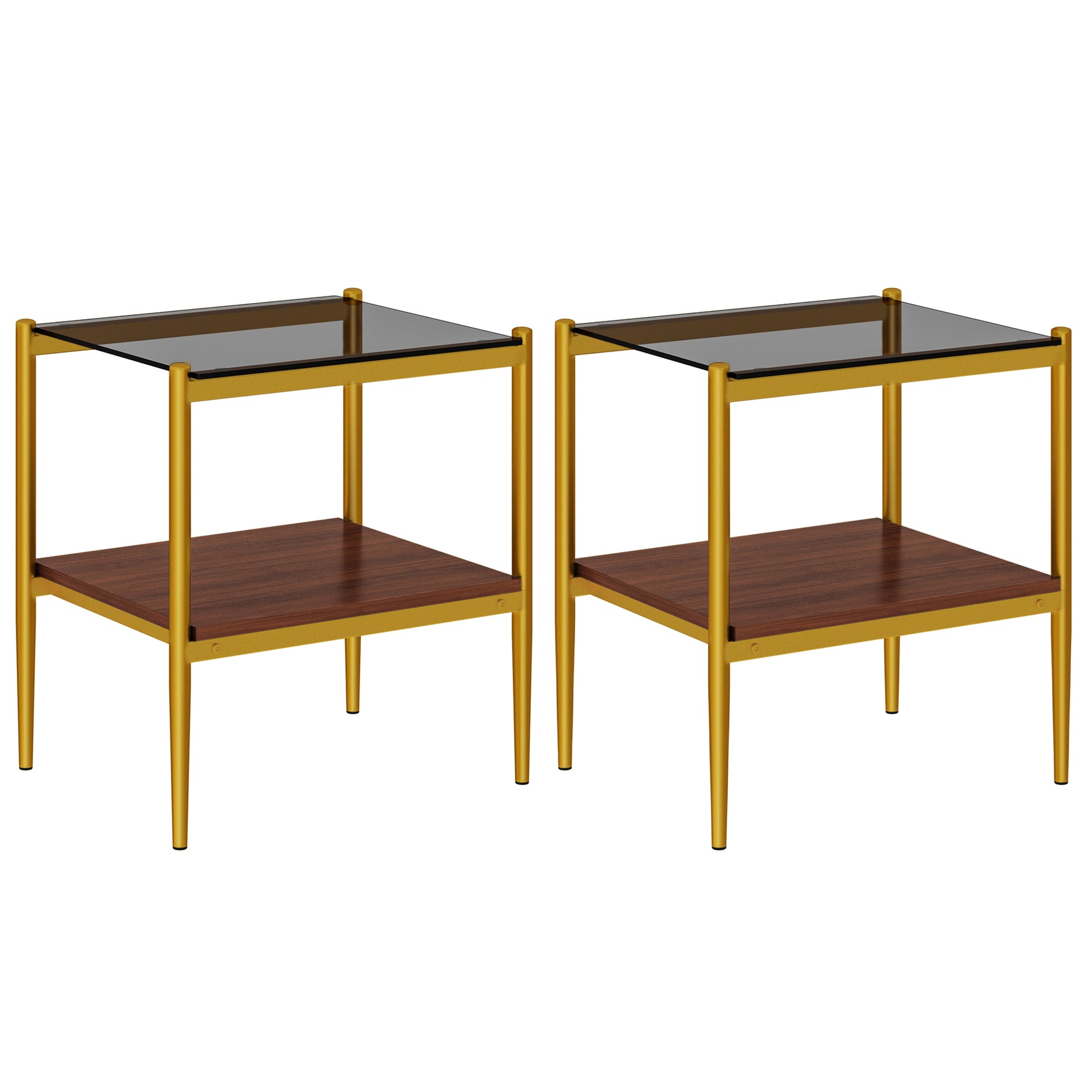 Two modern end tables with dark glass tops and warm wood shelves on gold metal frames