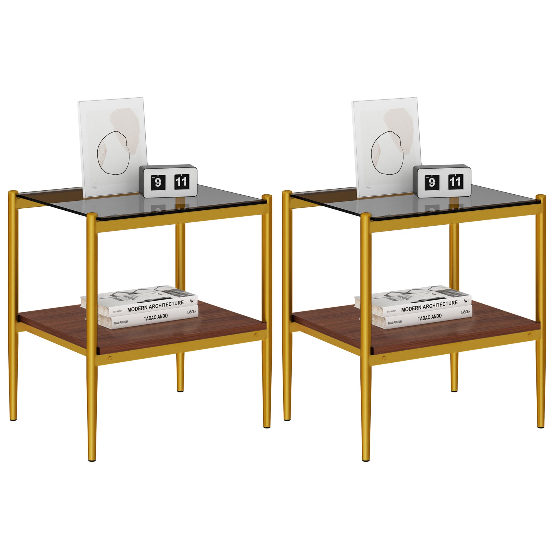 Gold metal side table with glass top wooden shelf and modern art