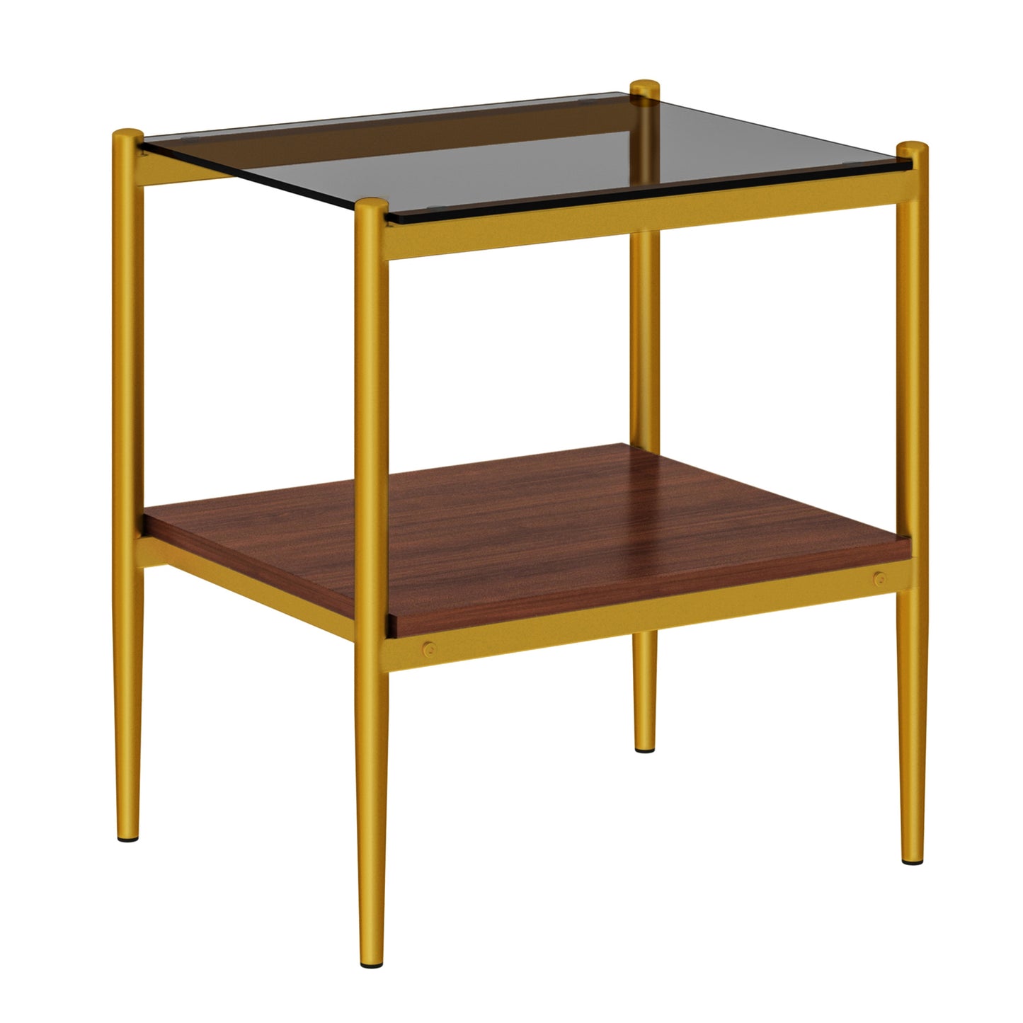 Gold metal end table with smoked glass top and wood shelf