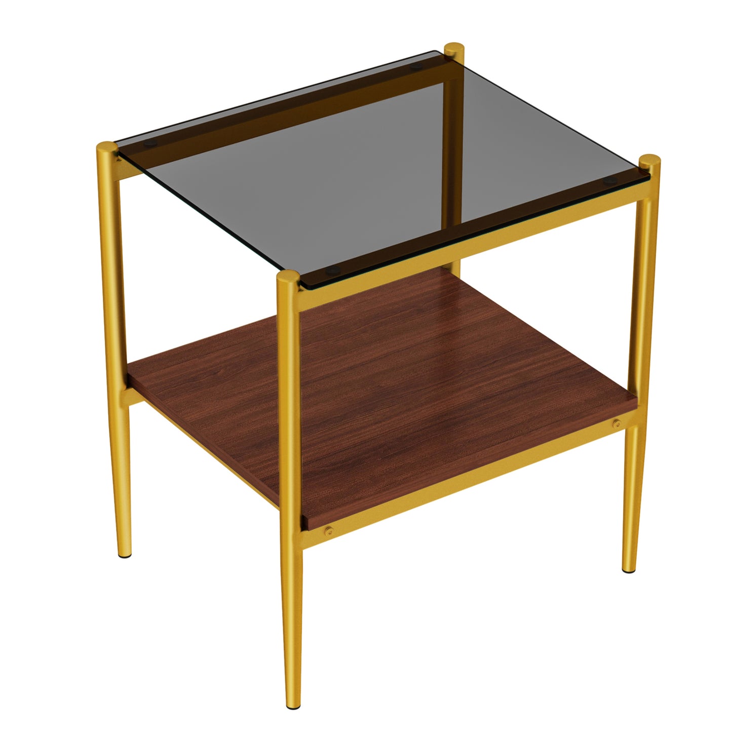 Modern twotier end table with smoked glass top and walnut shelf on gold metal frame