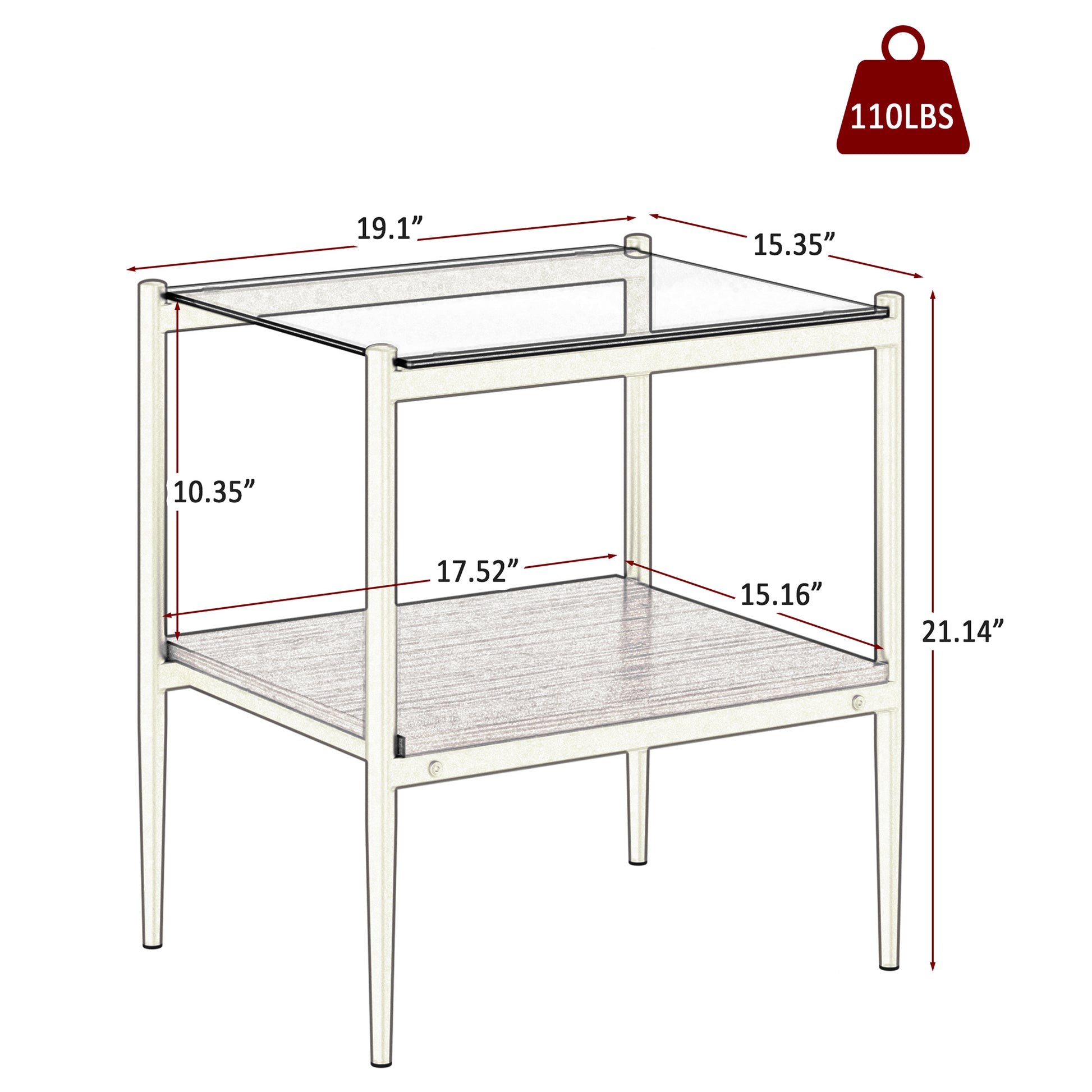 Modern end table with glass top wood shelf and white metal frame  W x  D