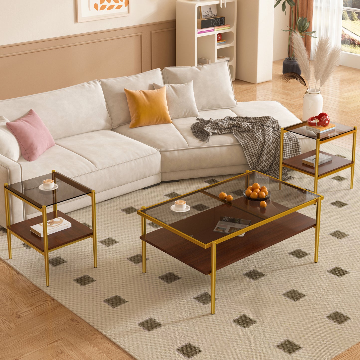 Elegant gold framed coffee table with glass top featuring wood shelving for living rooms