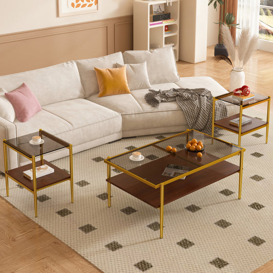 Elegant gold framed coffee table with glass top featuring wood shelving for living rooms
