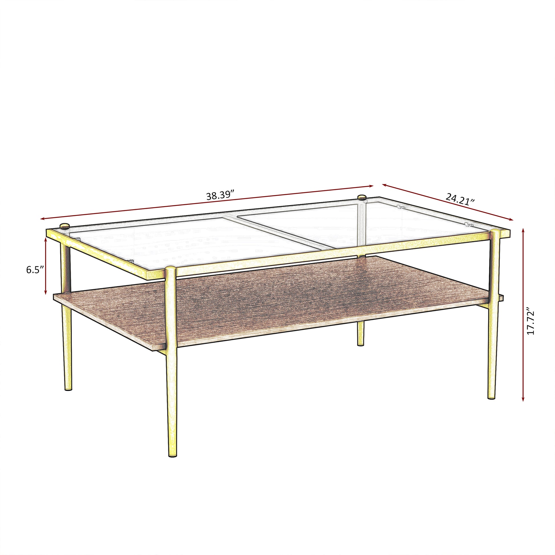 Gold metal coffee table with clear glass top and wood shelf