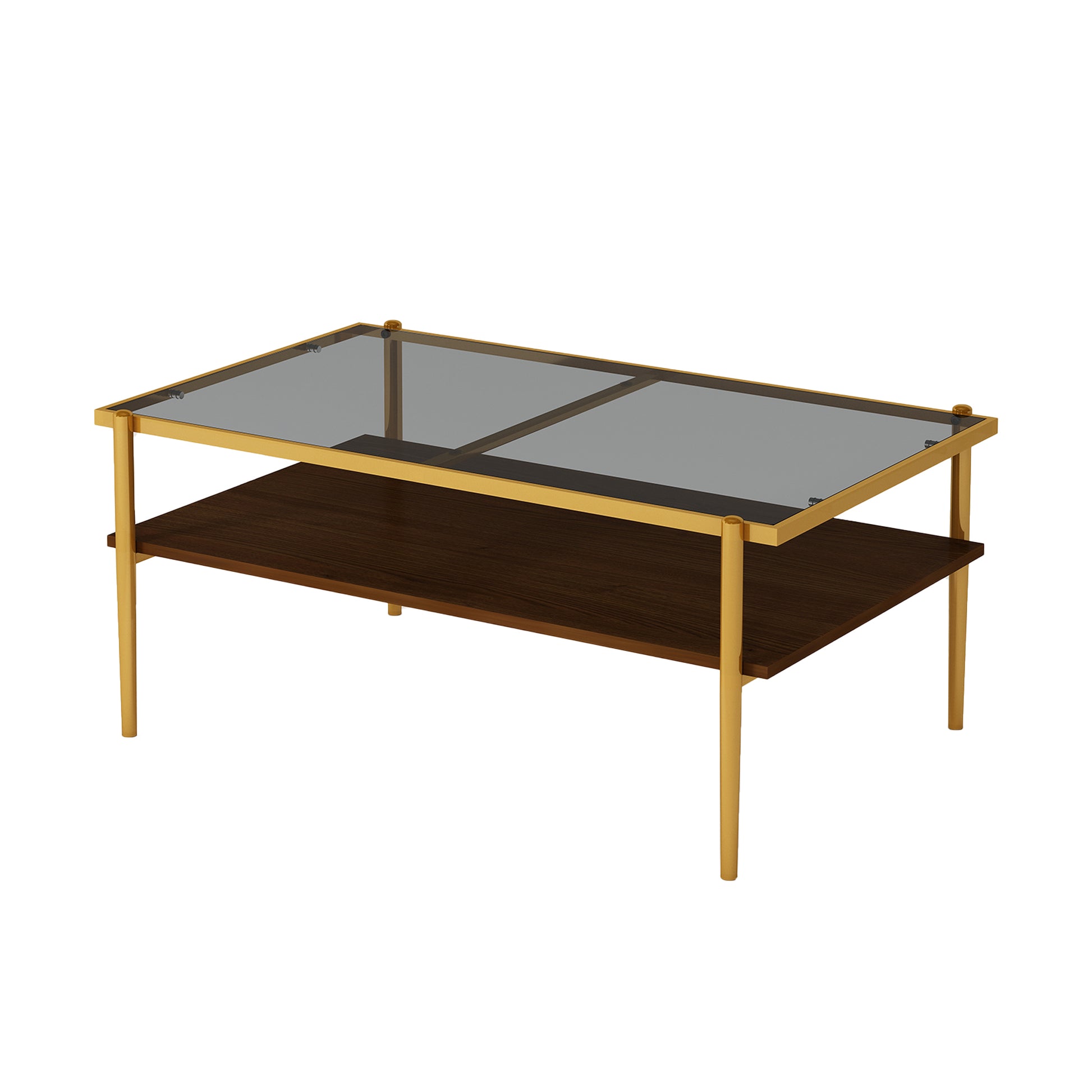 Modern gold metal coffee table with smoked glass top and walnut veneer shelf