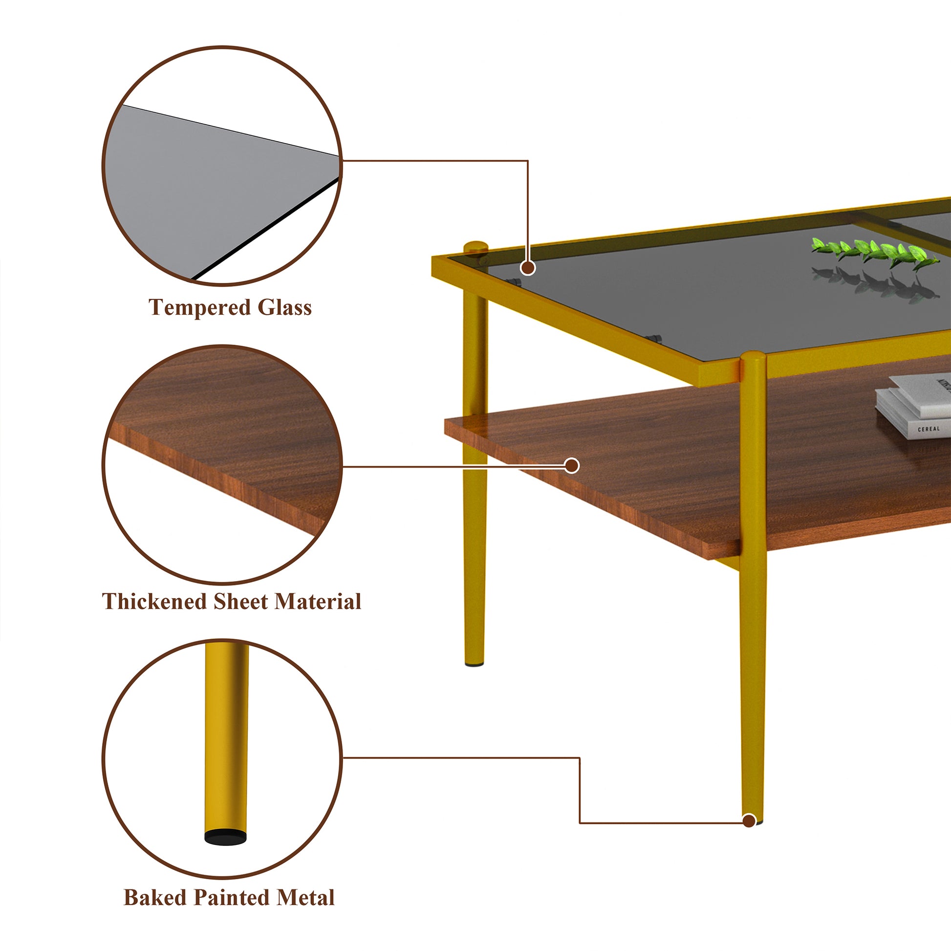 Modern coffee table with tempered glass top and walnut wood shelf