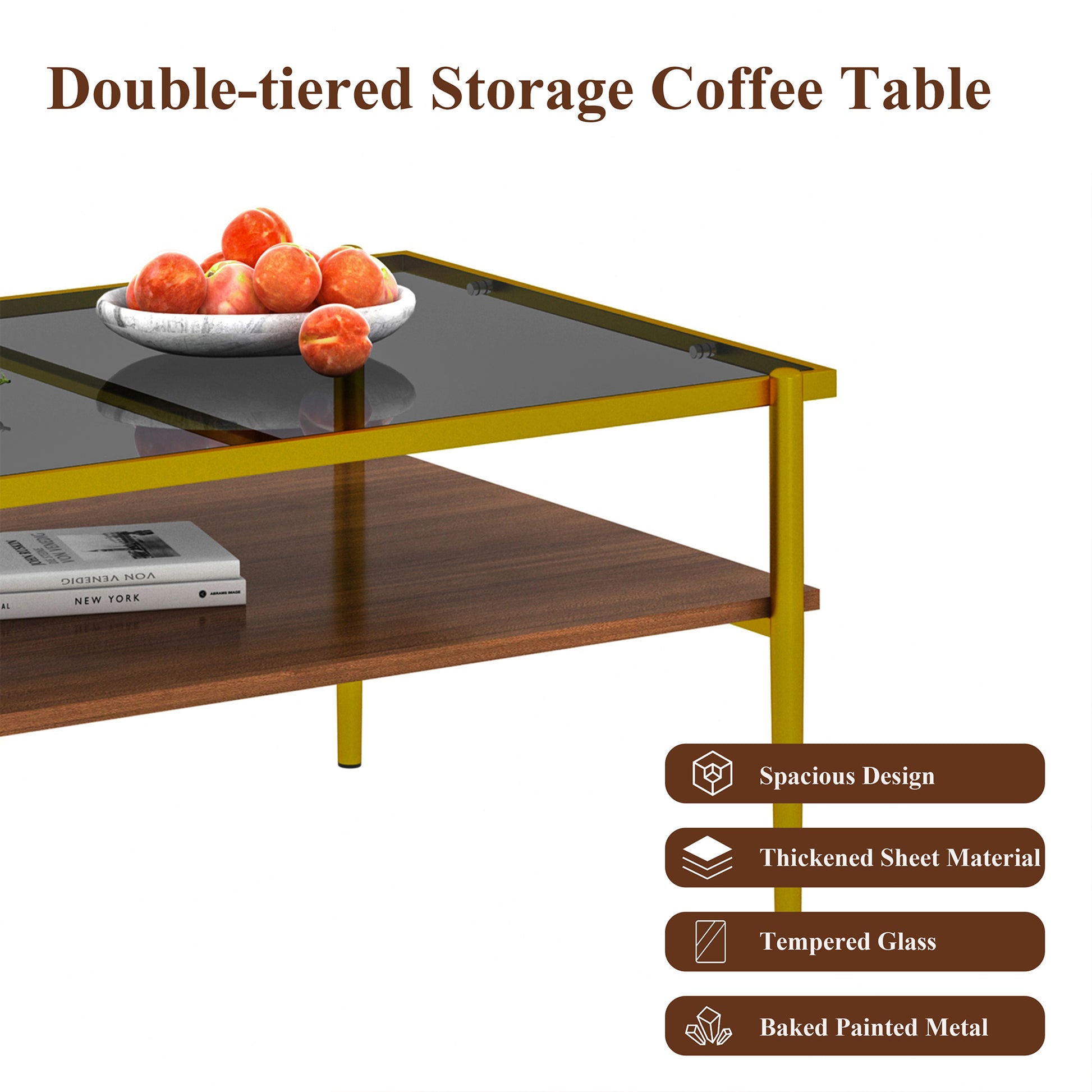 Gold frame doubletiered coffee table with dark wood shelf and tempered glass top