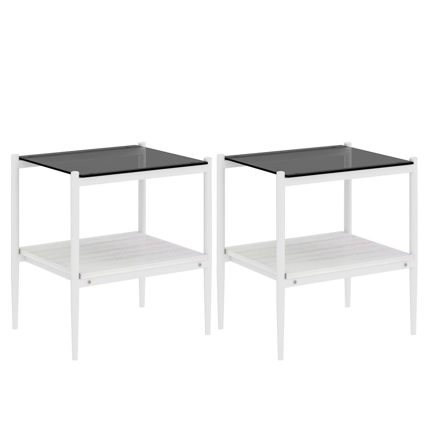 Two white end tables with black glass tops and woodgrain shelves
