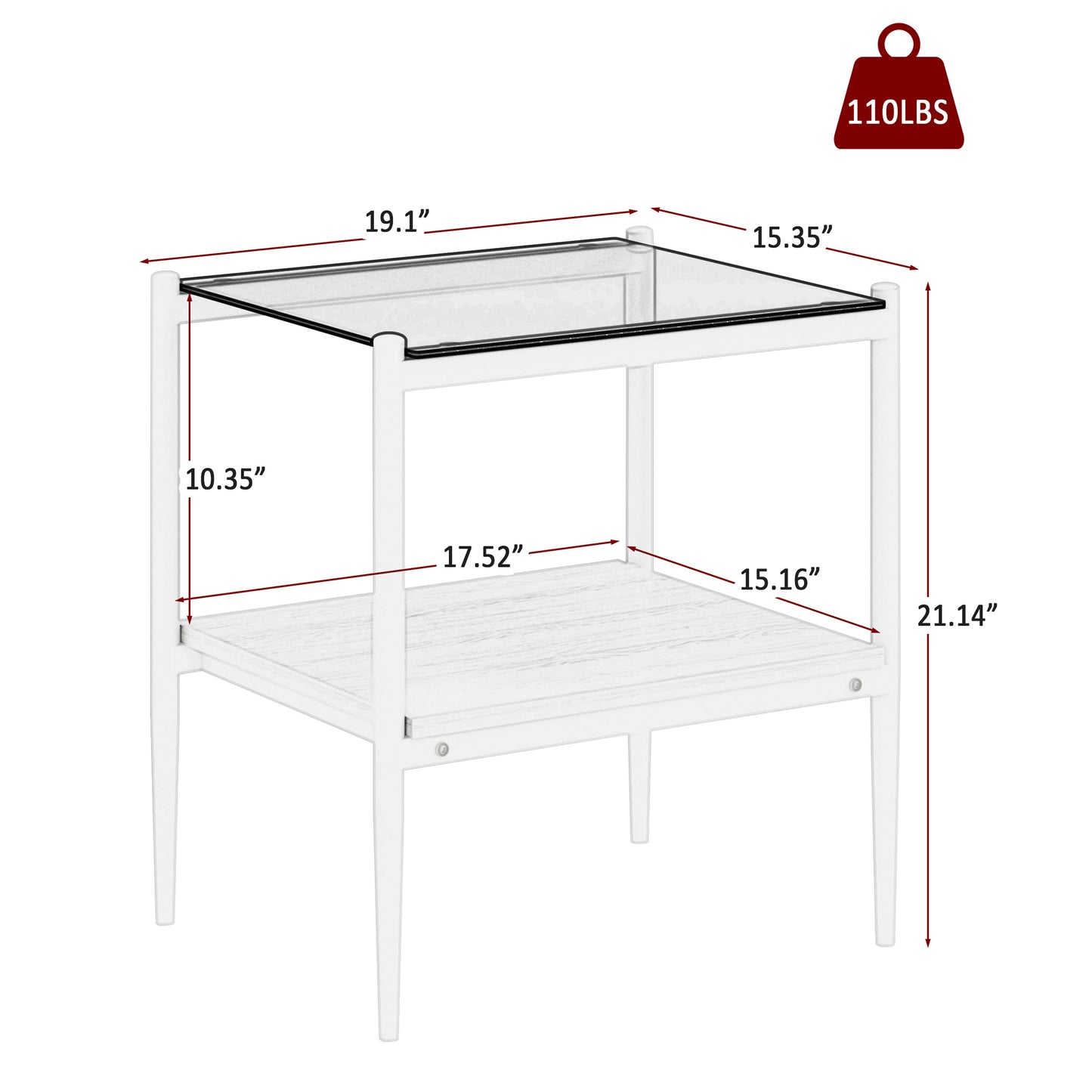 Modern white end table with clear glass top and woodgrain shelf