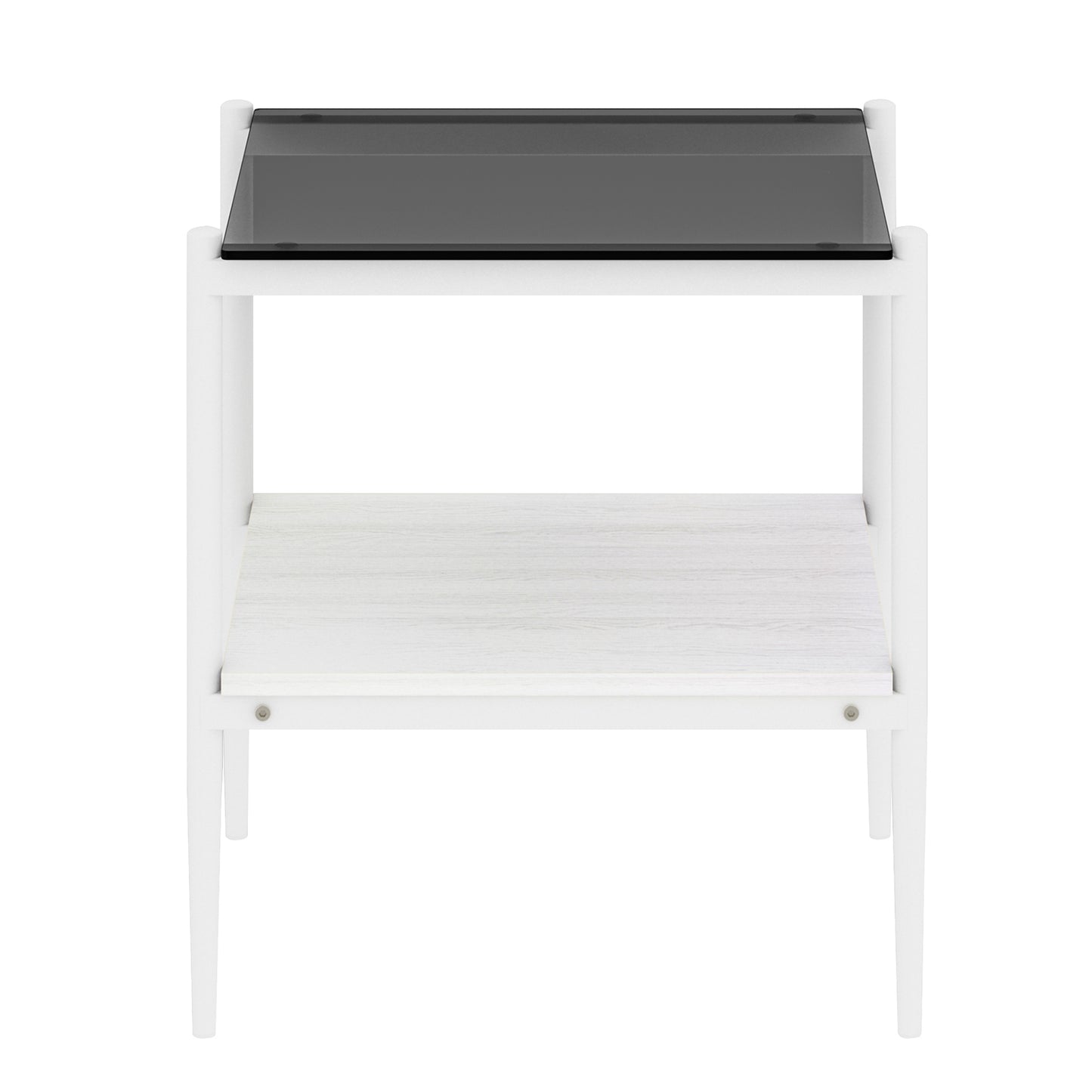 White side table with smoked glass top and woodeffect shelf