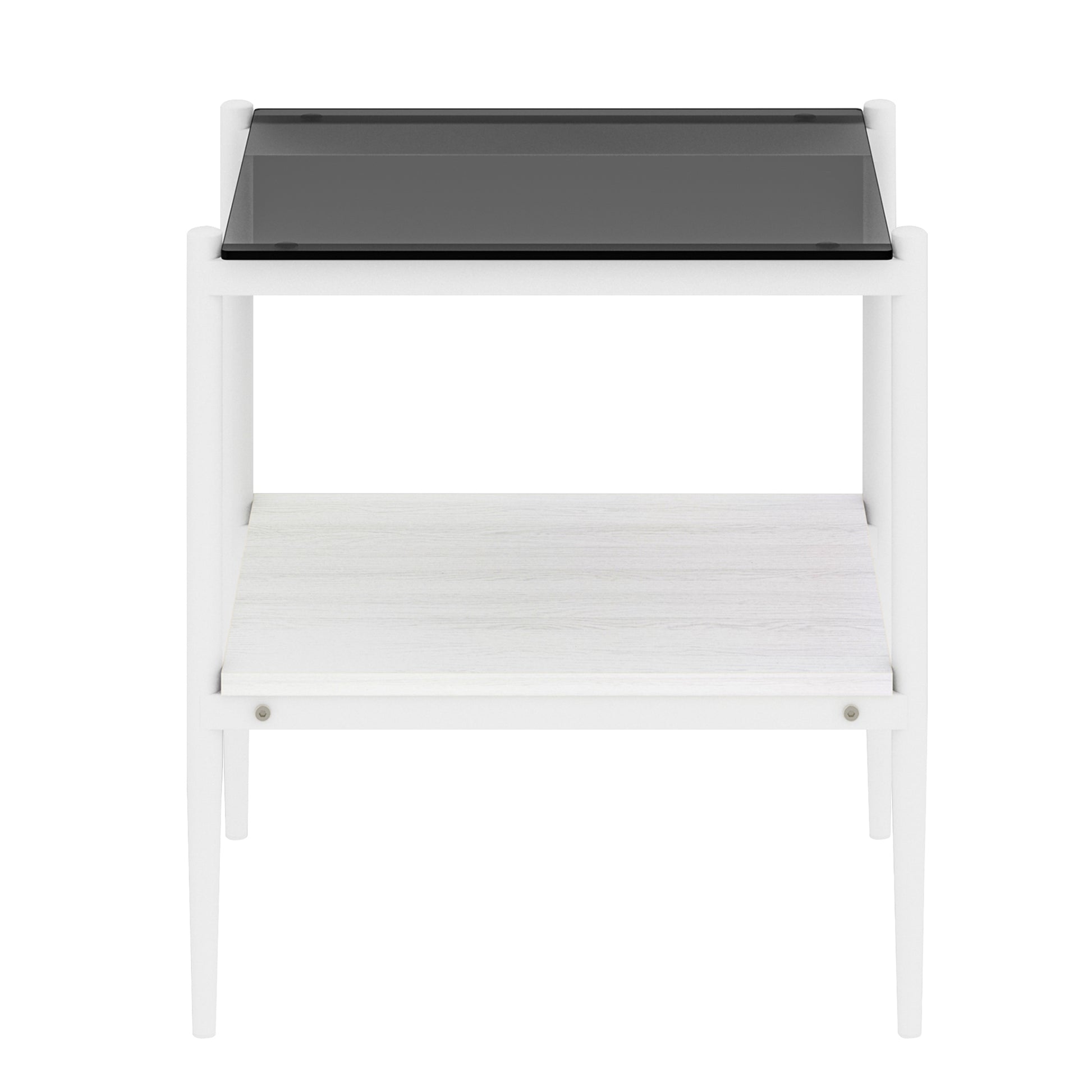 White side table with smoked glass top and woodeffect shelf